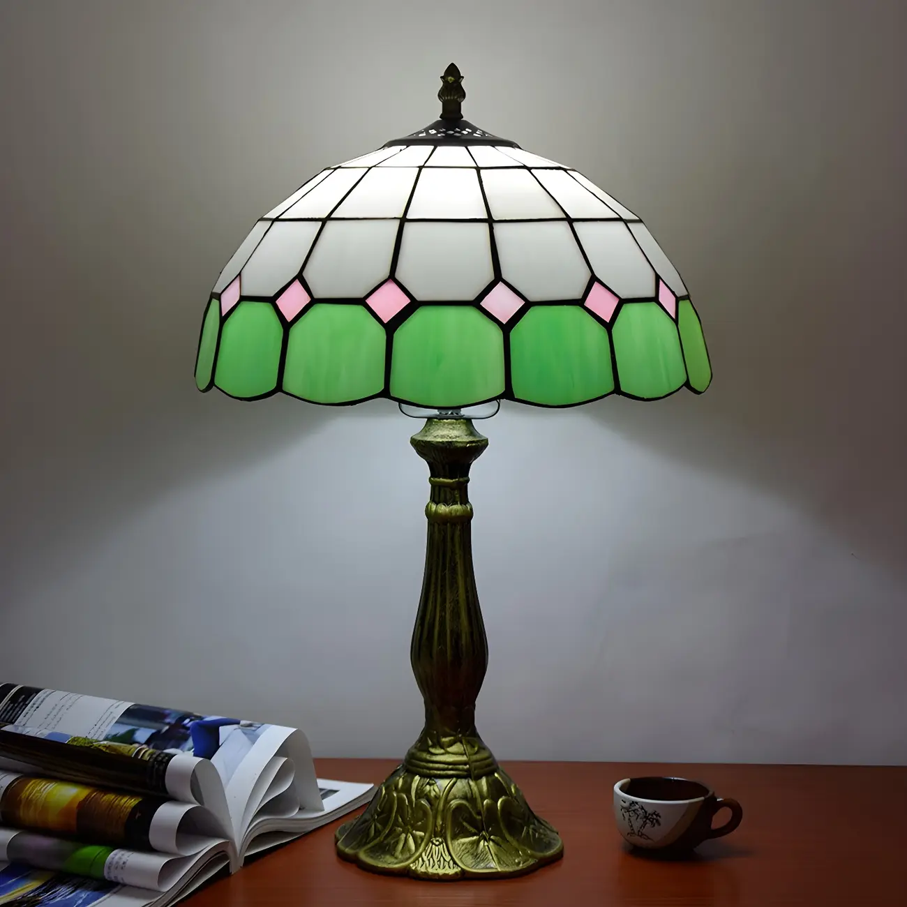 Retro Brass Stained Glass Cone-Shaped LED Table Lamp Image - 2 | homeyfad