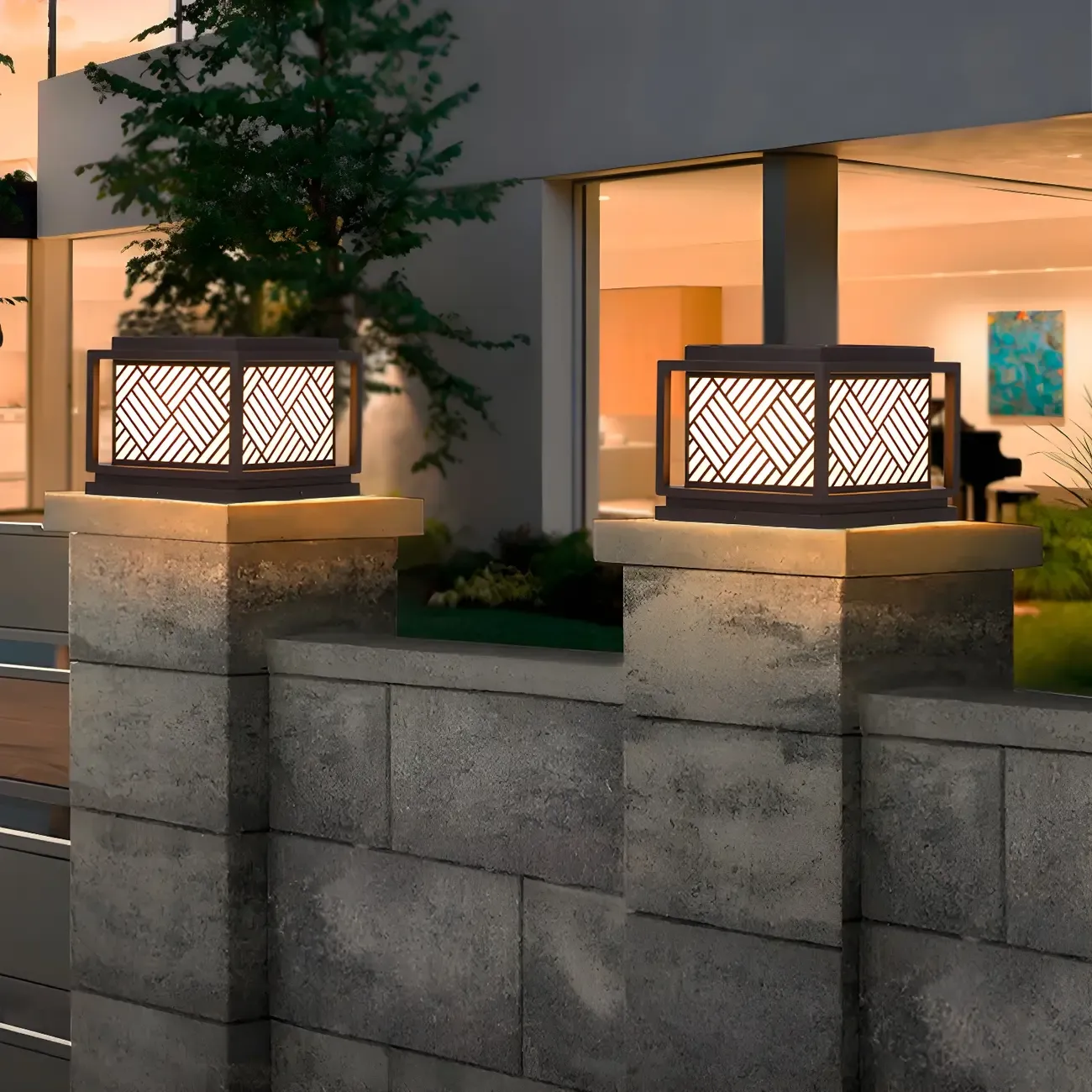 Cubic Metal Post Cap Light with Geometric Pattern Shade Image - 2