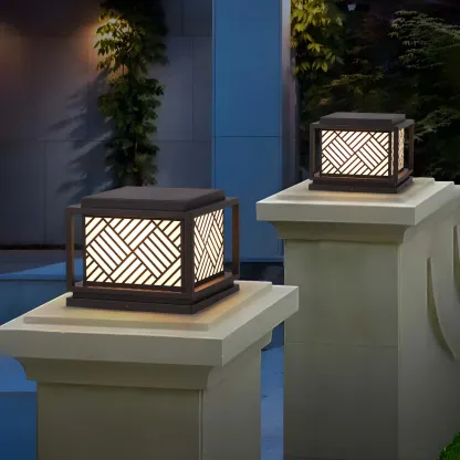 Cubic Metal Post Cap Light with Geometric Pattern Shade Image - 4