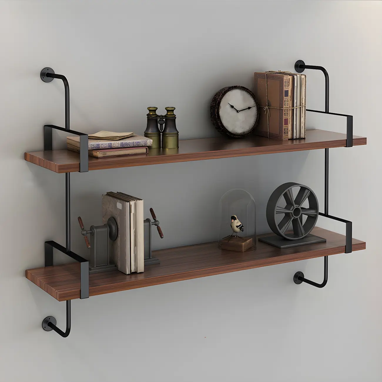 Industrial Wide 3-Tier Wooden Floating Bookcase Image - 2 | homeyfad