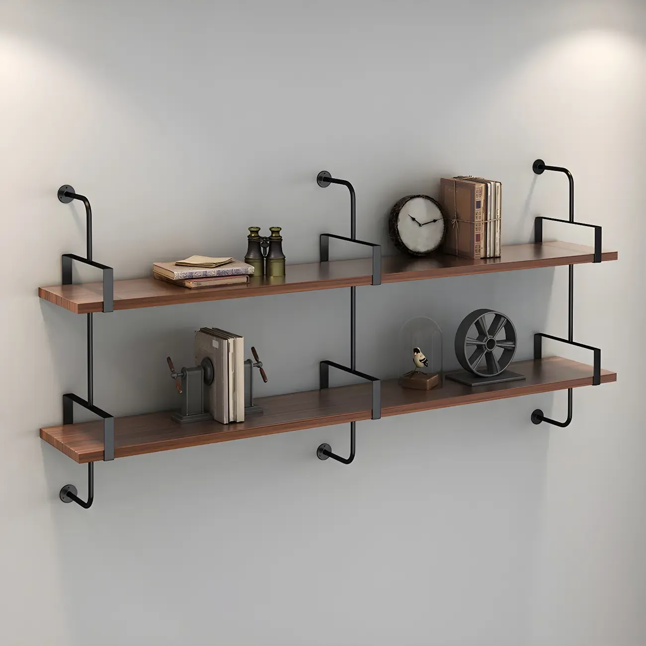Industrial Wide 3-Tier Wooden Floating Bookcase Image - 3