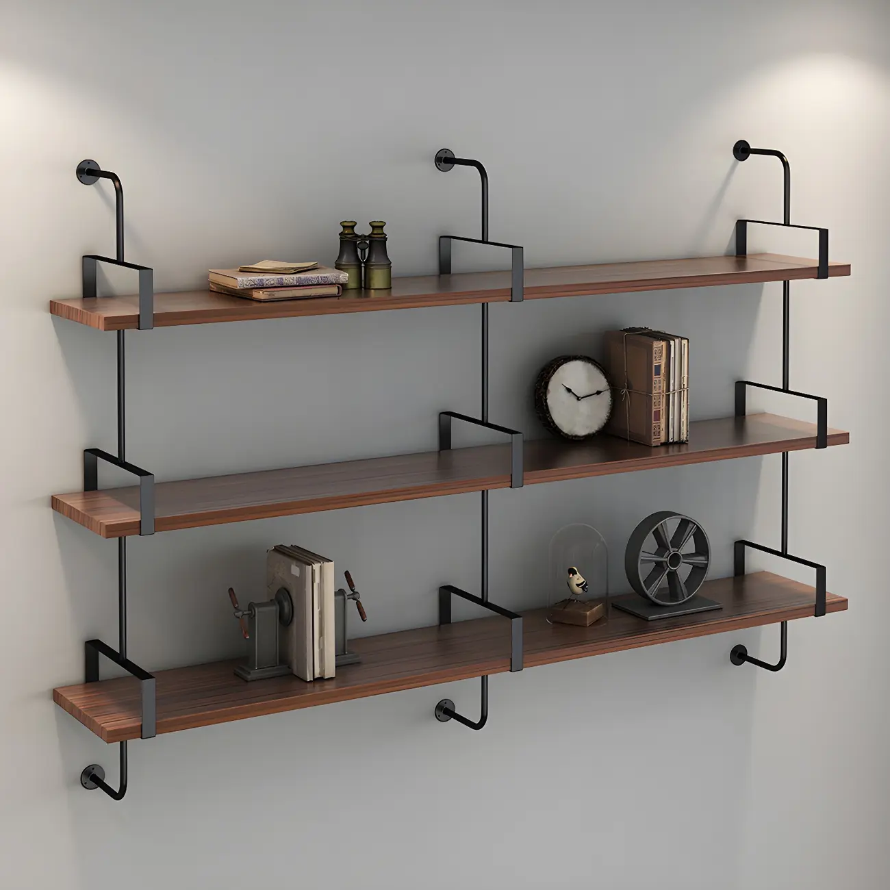 Industrial Wide 3-Tier Wooden Floating Bookcase Image - 4 | homeyfad