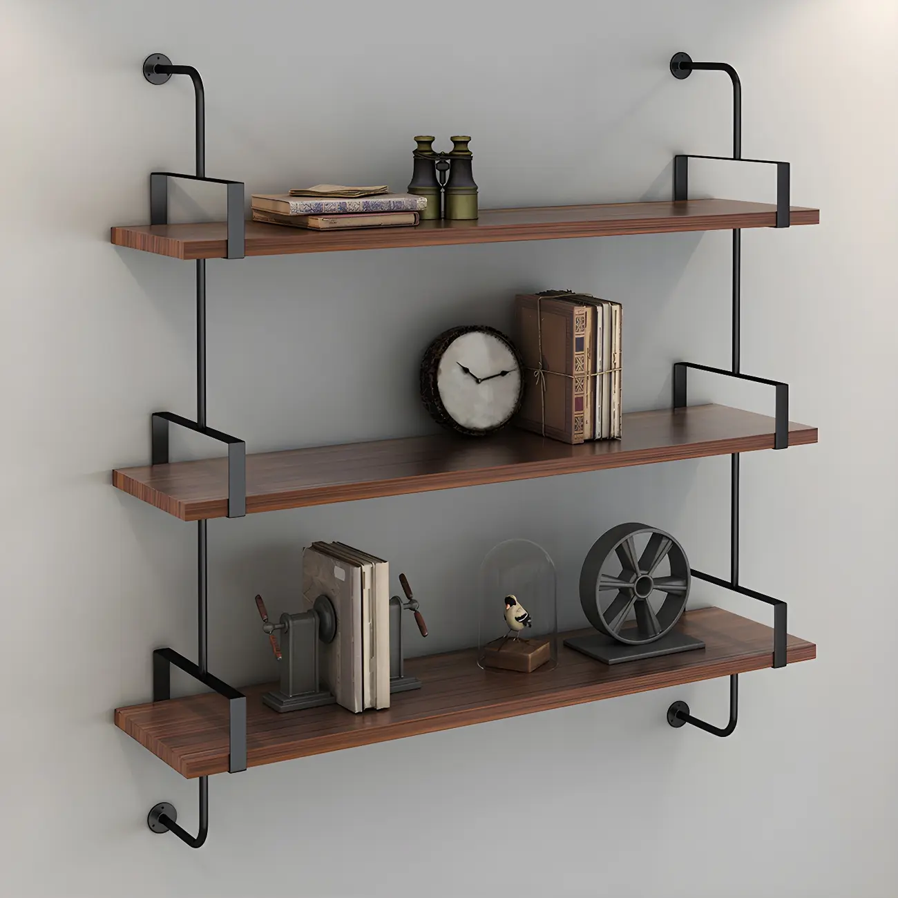 Industrial Wide 3-Tier Wooden Floating Bookcase Image - 5 | homeyfad