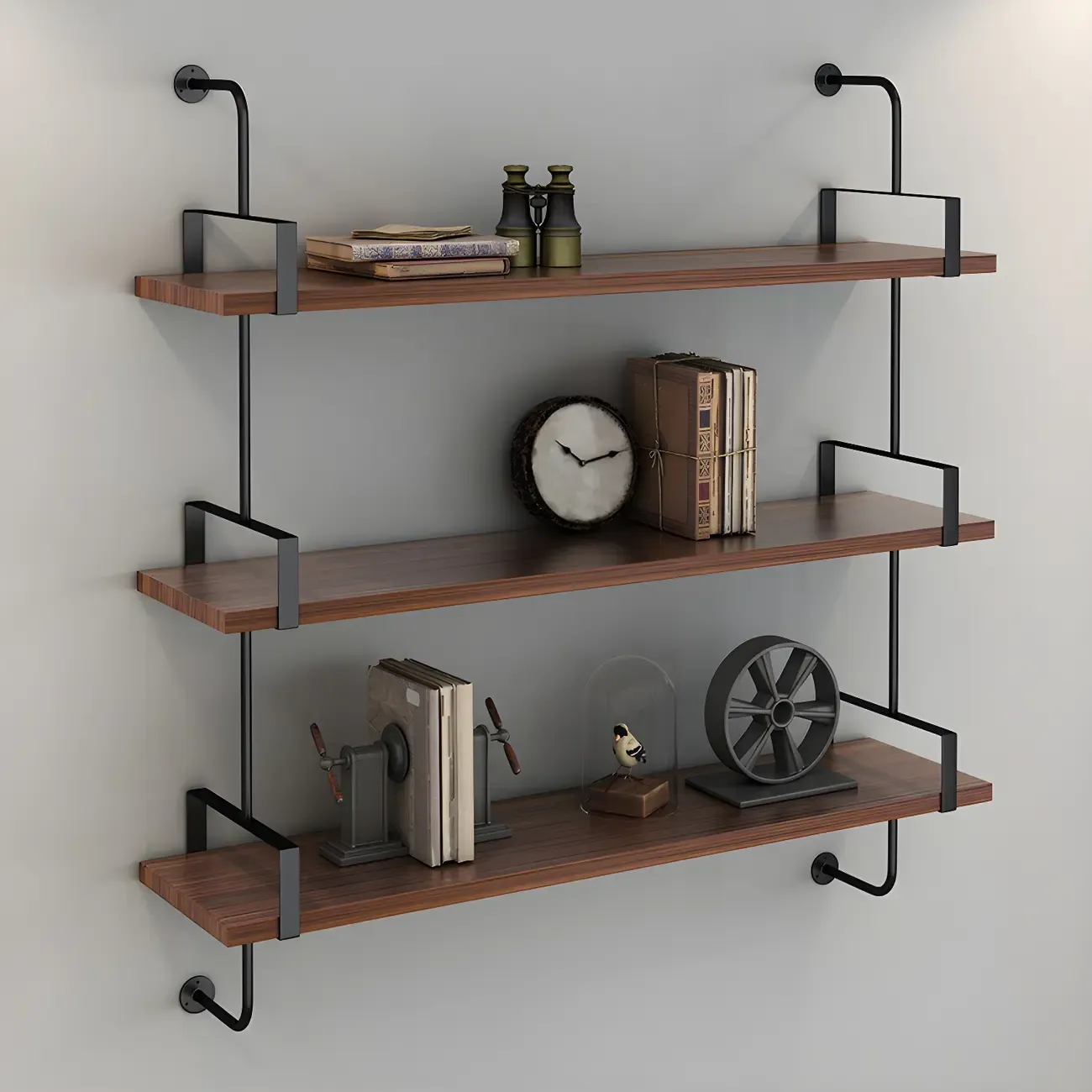 Industrial Wide 3-Tier Wooden Floating Bookcase Image - 5