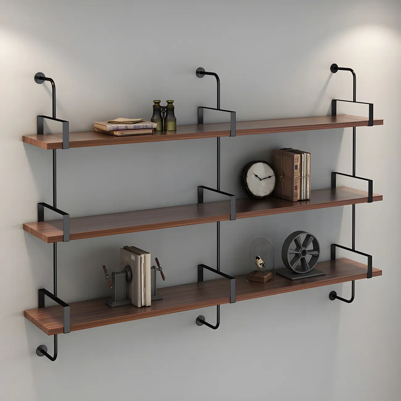 Industrial Wide 3-Tier Wooden Floating Bookcase Image - 7 | homeyfad