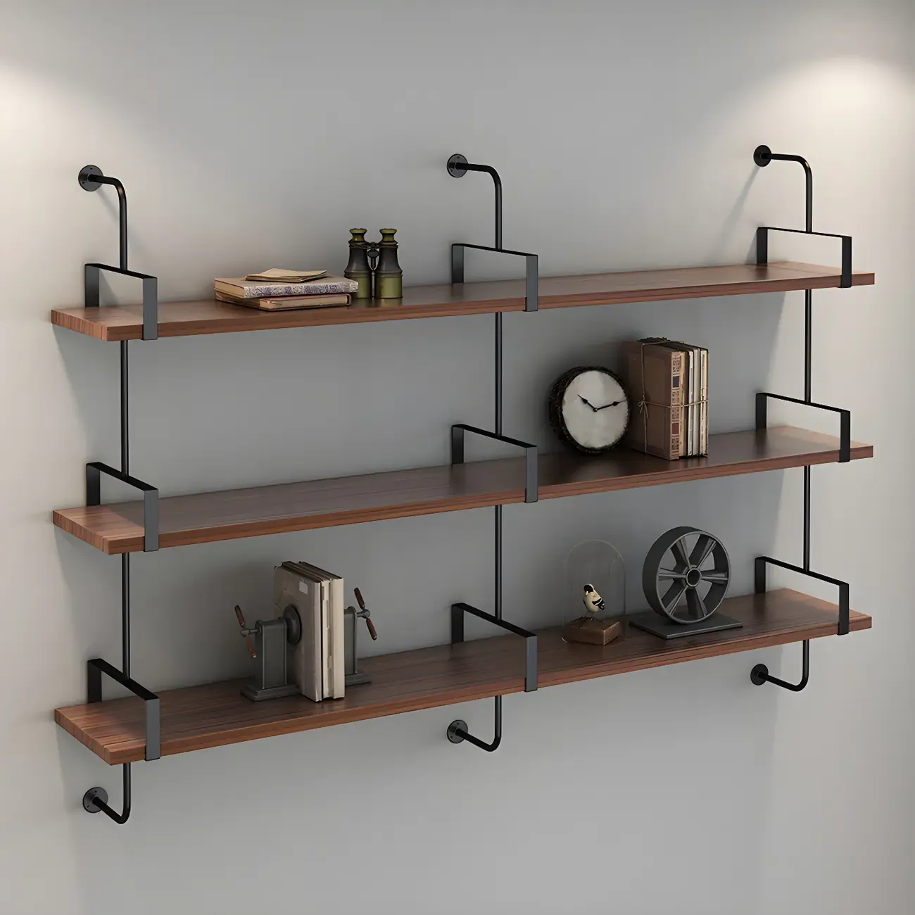 Industrial Wide 3-Tier Wooden Floating Bookcase Image - 7