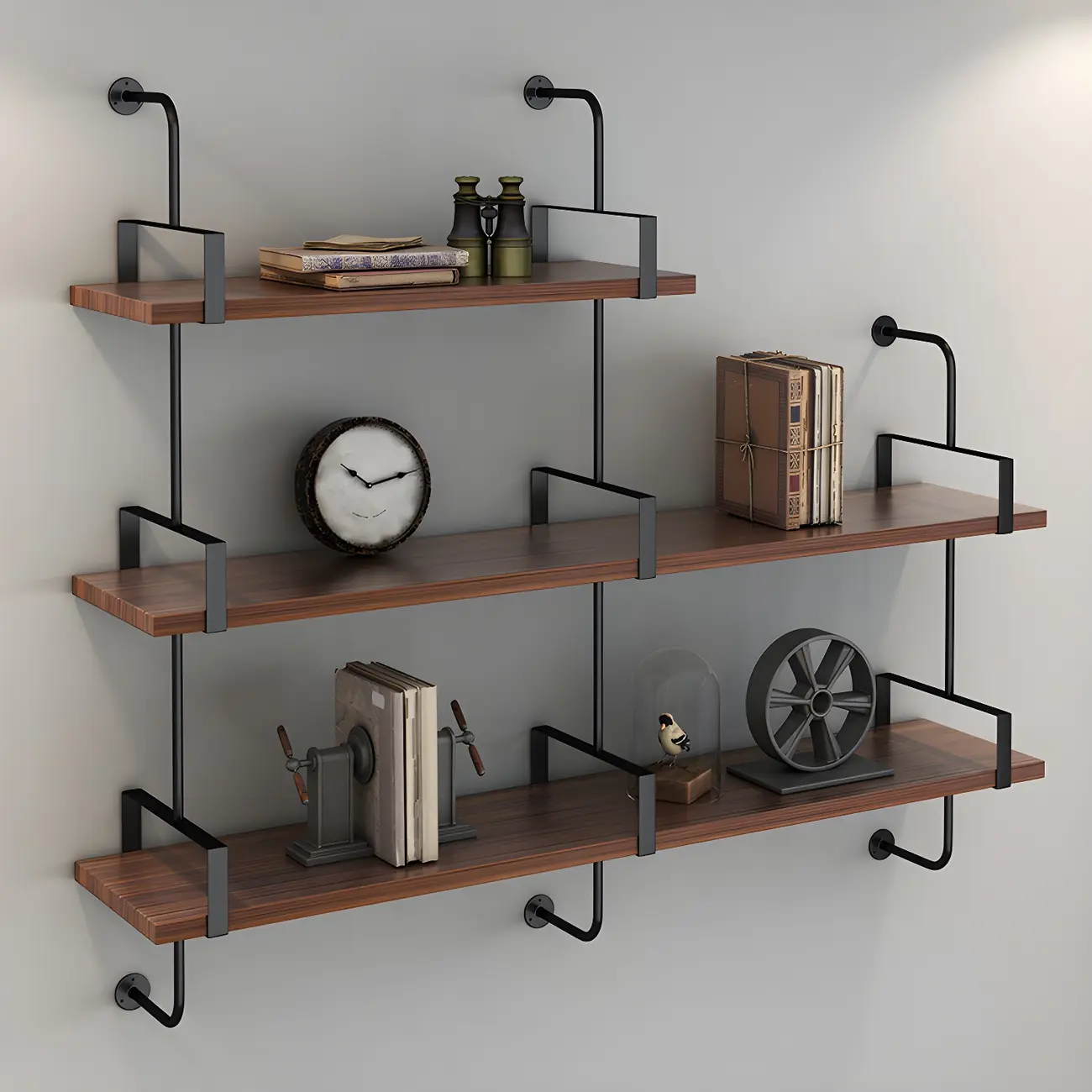Industrial Wide 3-Tier Wooden Floating Bookcase Image - 8 | homeyfad