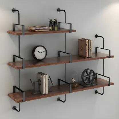 Industrial Wide 3-Tier Wooden Floating Bookcase Image - 8