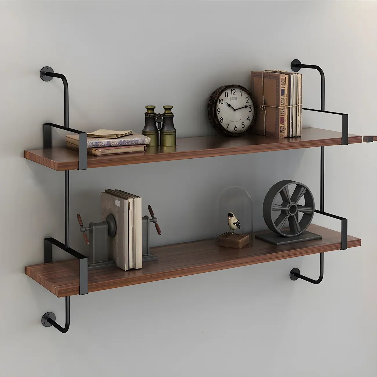 Industrial Wide 3-Tier Wooden Floating Bookcase Image - 15