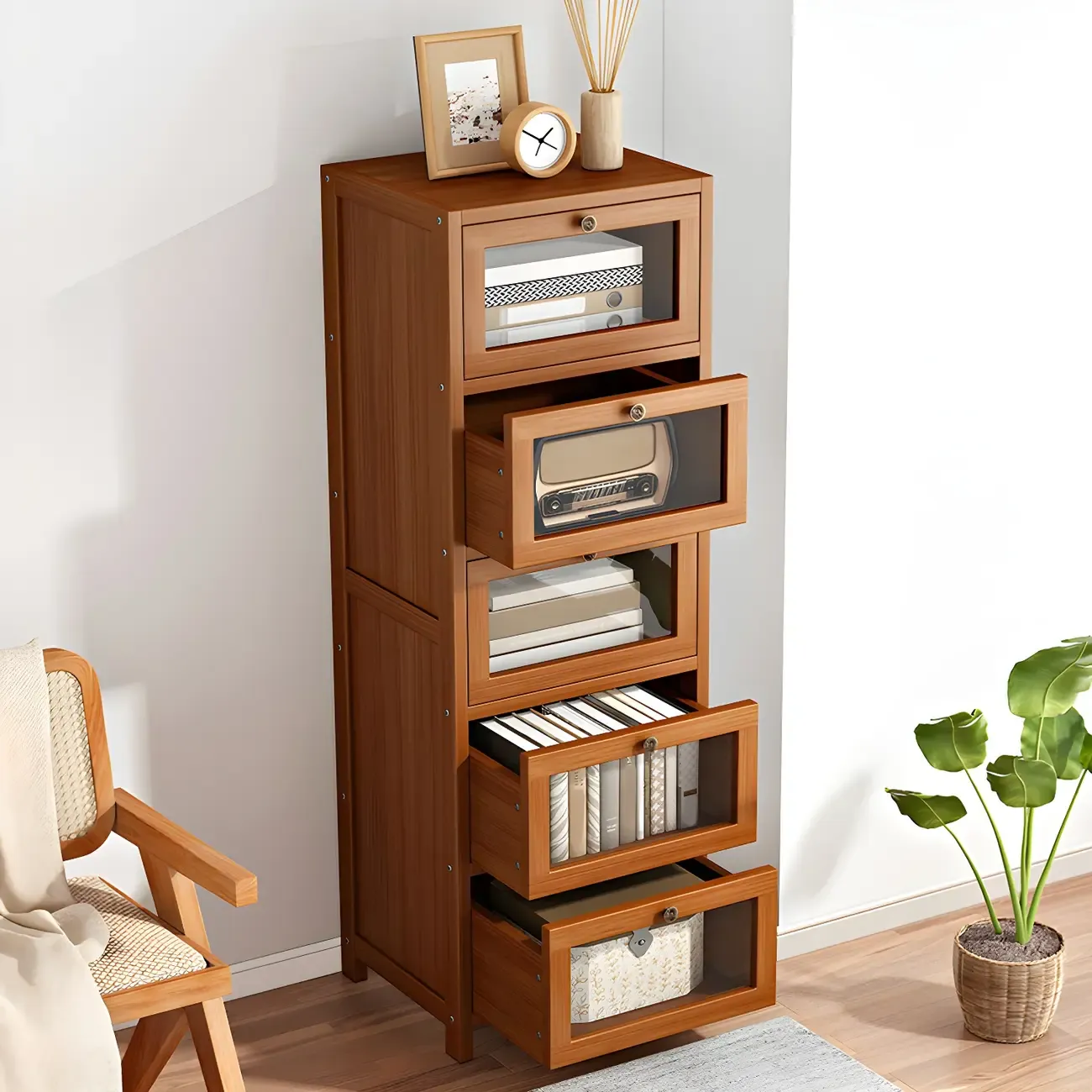 Narrow Wooden Multi-Drawer Corner Display Cabinet Image - 1