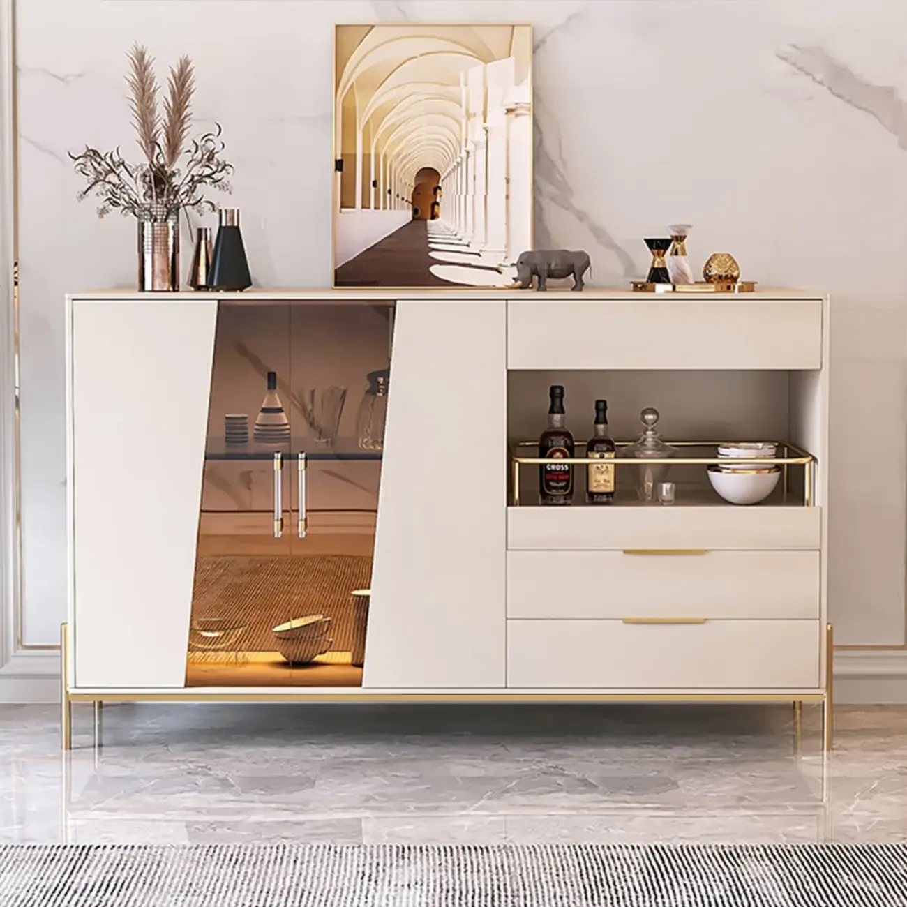 Modish Black Wooden Lighted Open Shelving Buffet Cabinet | HomeyFad