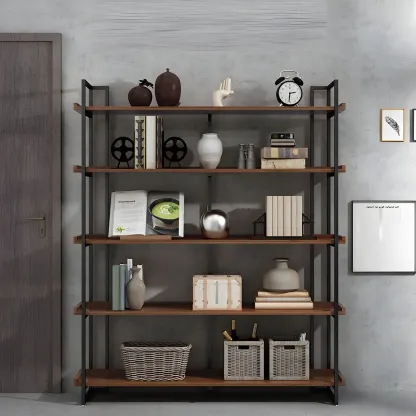 5-Shelf Industrial Metal &Wood Brown Display Bookcase Image - 3