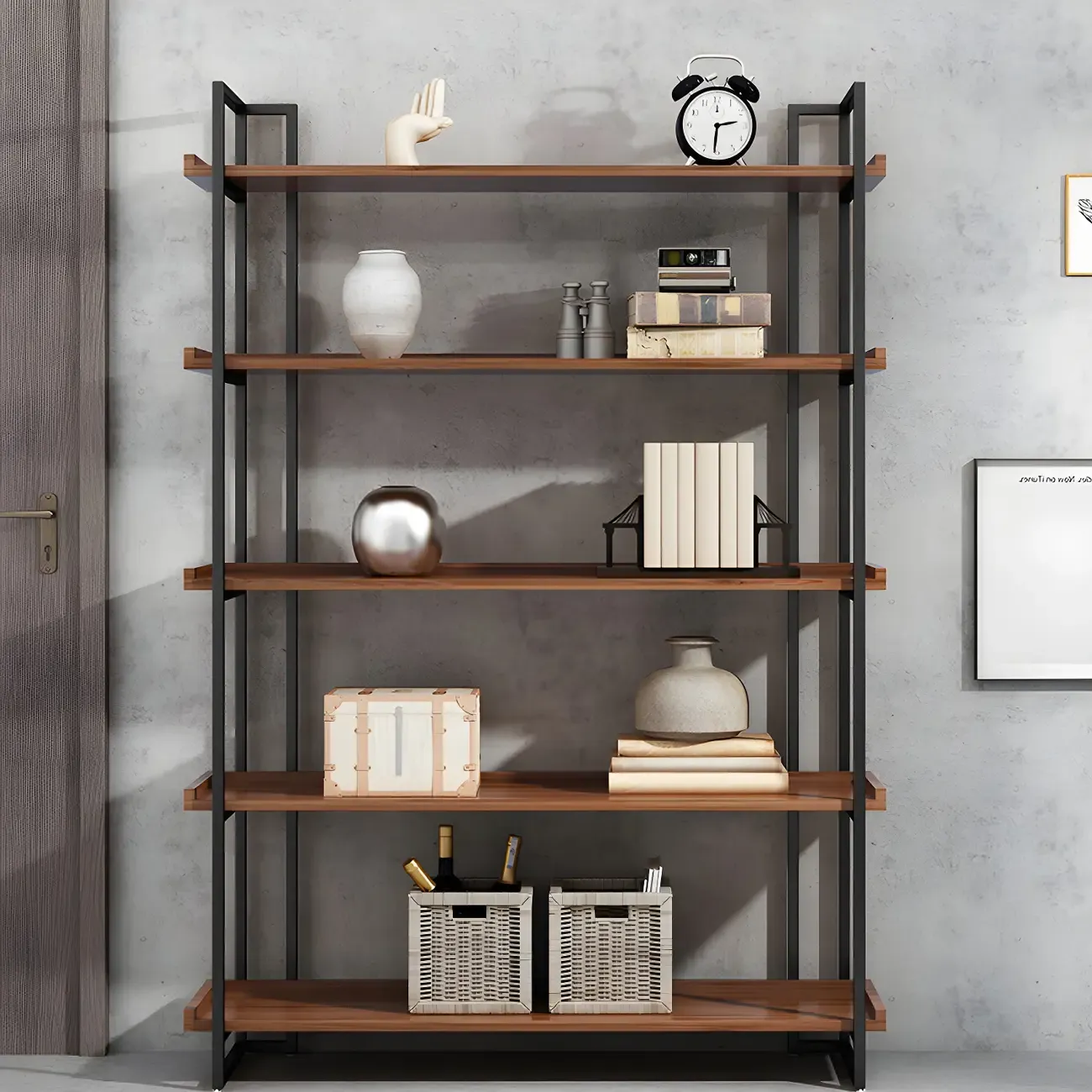 5-Shelf Industrial Metal &Wood Brown Display Bookcase Image - 2