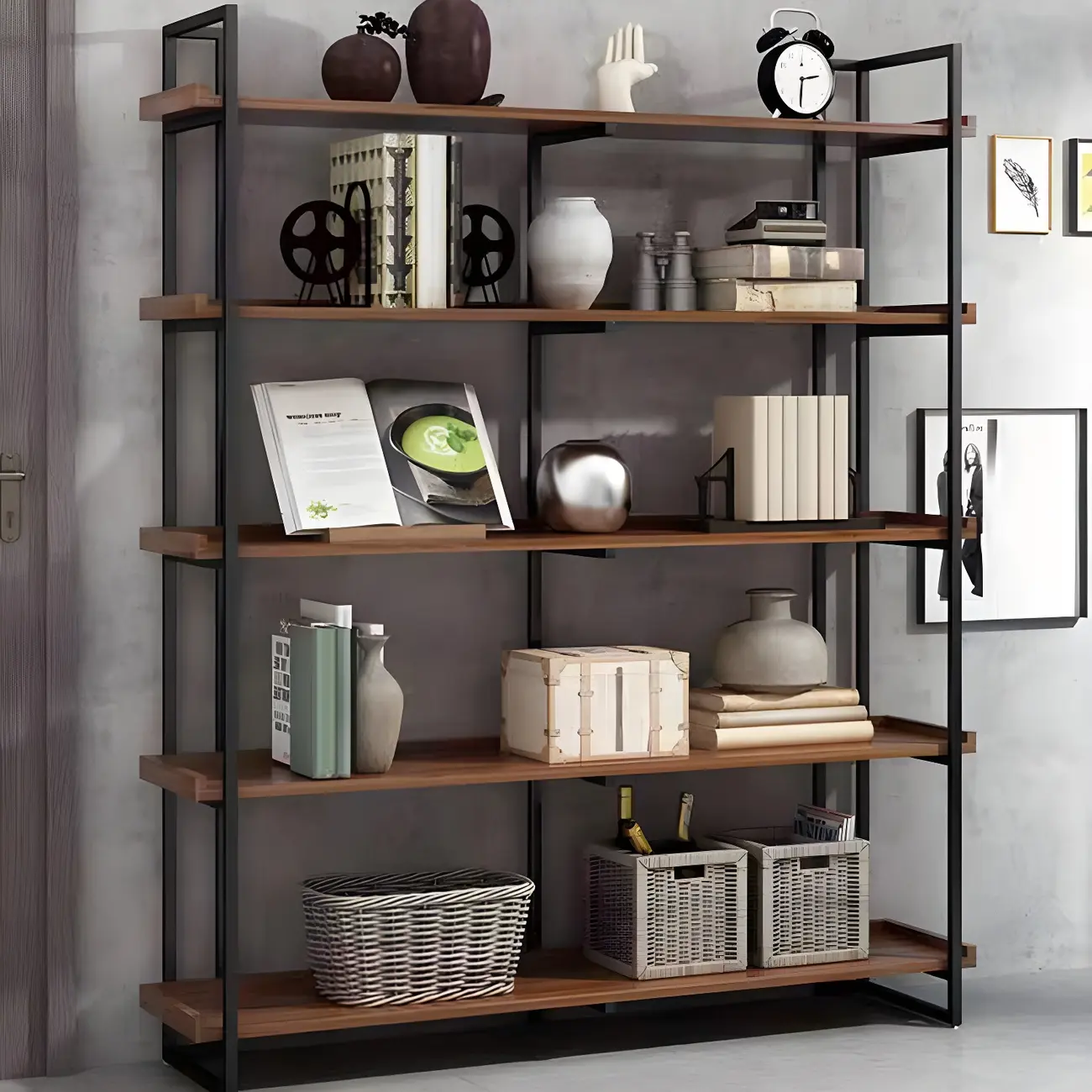 5-Shelf Industrial Metal Wood Brown Display Bookcase | HomeyFad