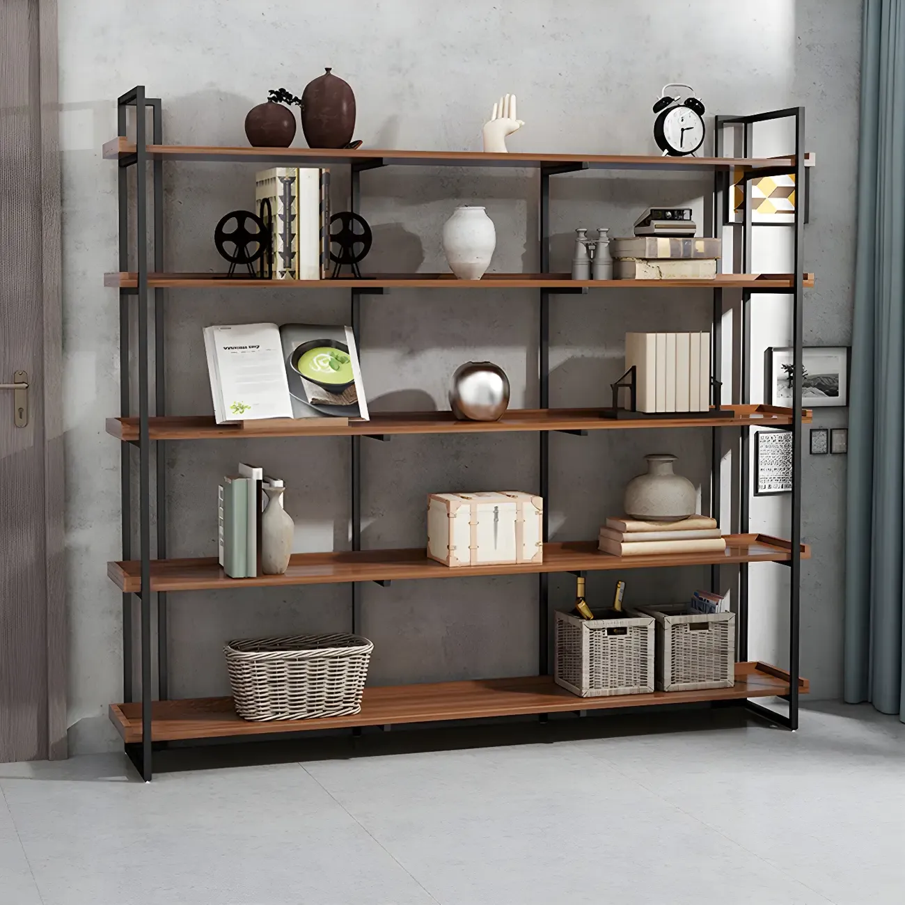 5-Shelf Industrial Metal &Wood Brown Display Bookcase Image - 8