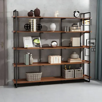 5-Shelf Industrial Metal &Wood Brown Display Bookcase Image - 8