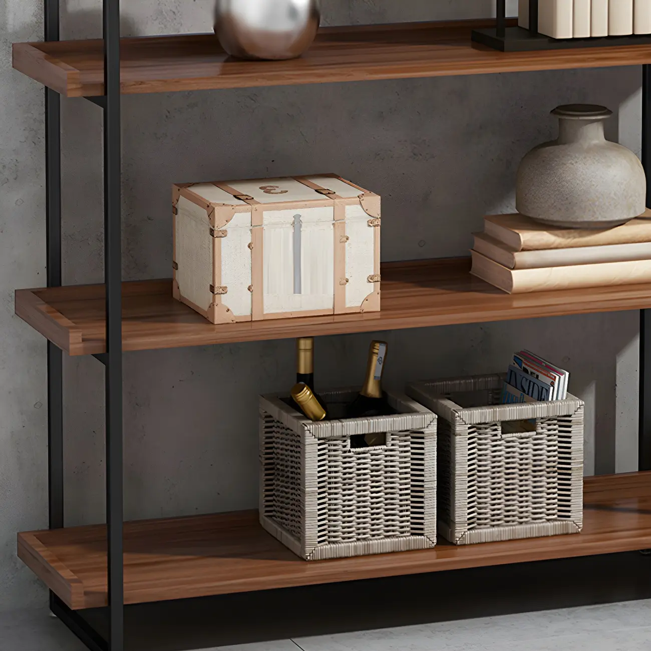 5-Shelf Industrial Metal &Wood Brown Display Bookcase Image - 12 | homeyfad