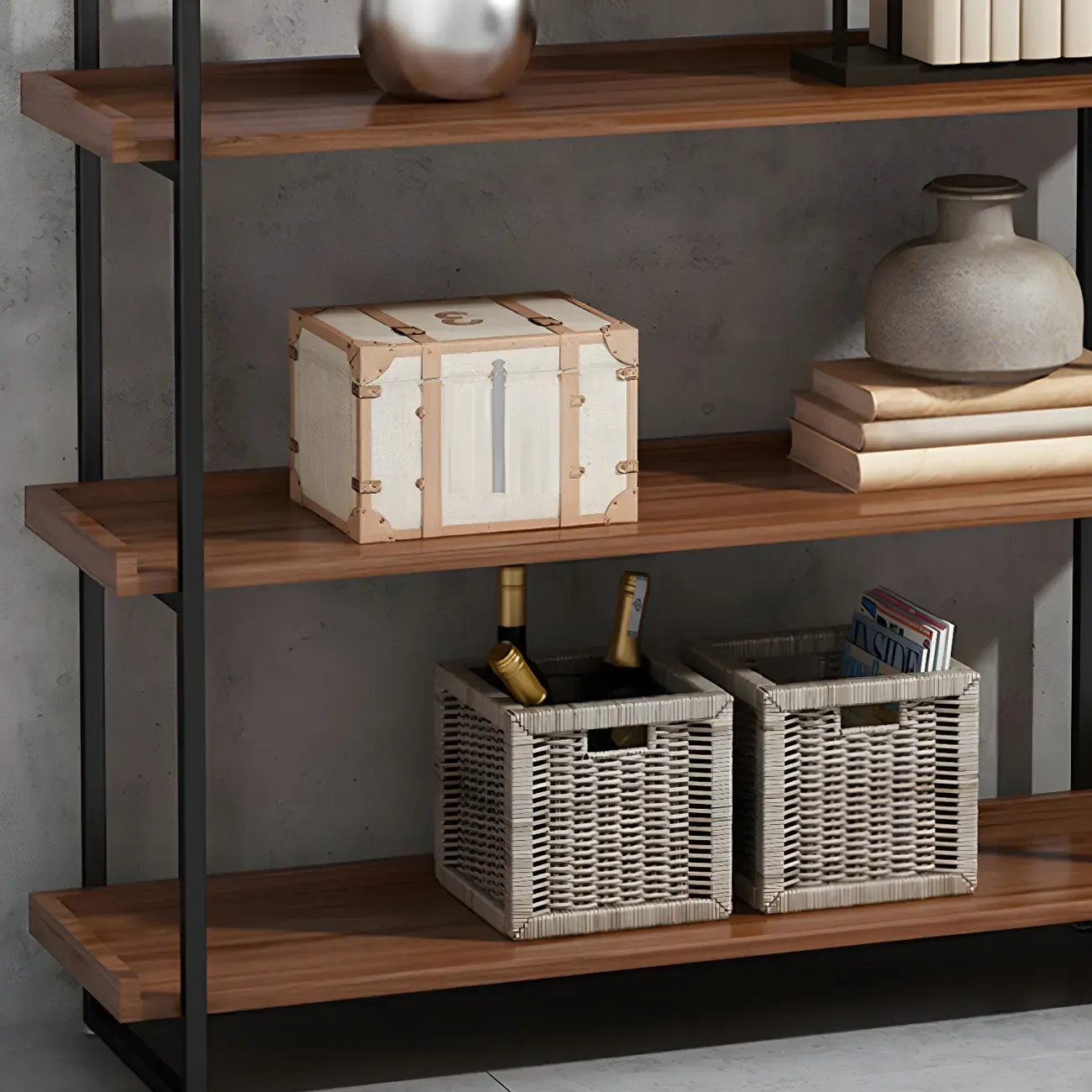 5-Shelf Industrial Metal &Wood Brown Display Bookcase Image - 12