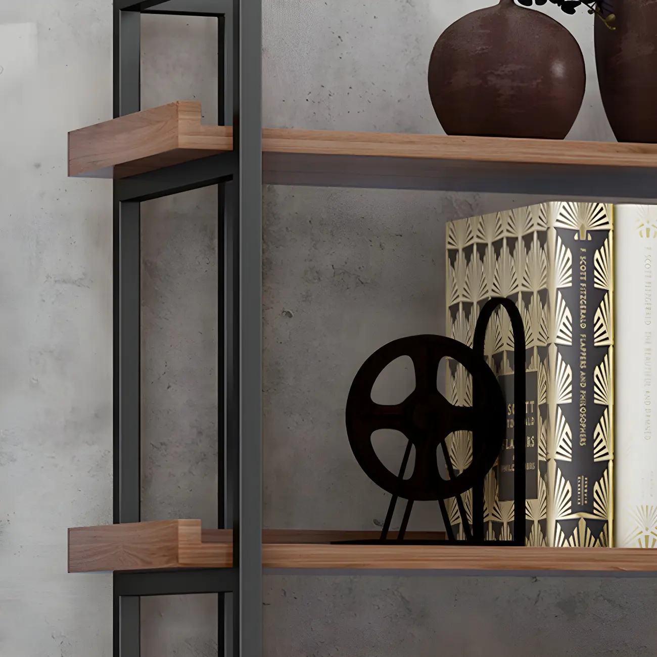 5-Shelf Industrial Metal &Wood Brown Display Bookcase Image - 14 | homeyfad