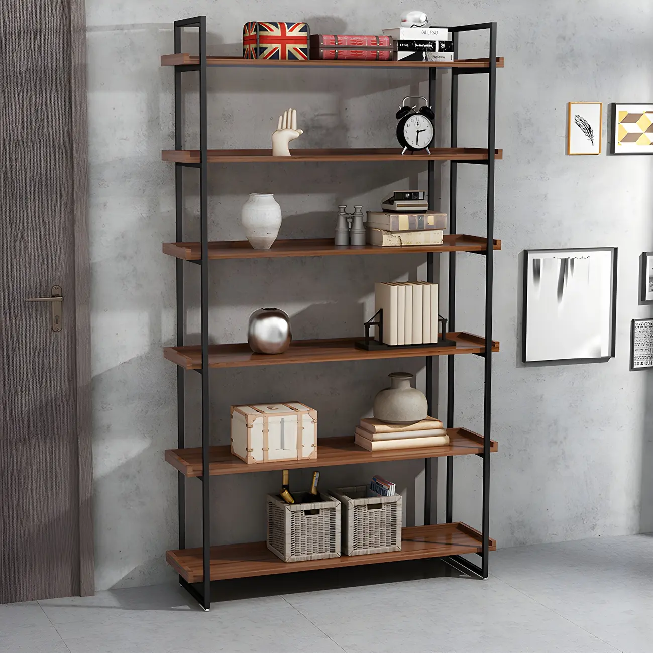 5-Shelf Industrial Metal &Wood Brown Display Bookcase Image - 15 | homeyfad