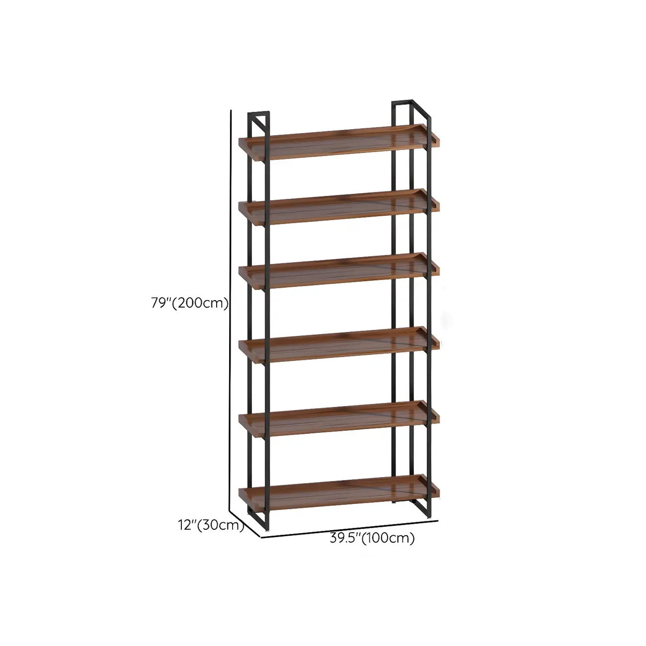 5-Shelf Industrial Metal &Wood Brown Display Bookcase #size