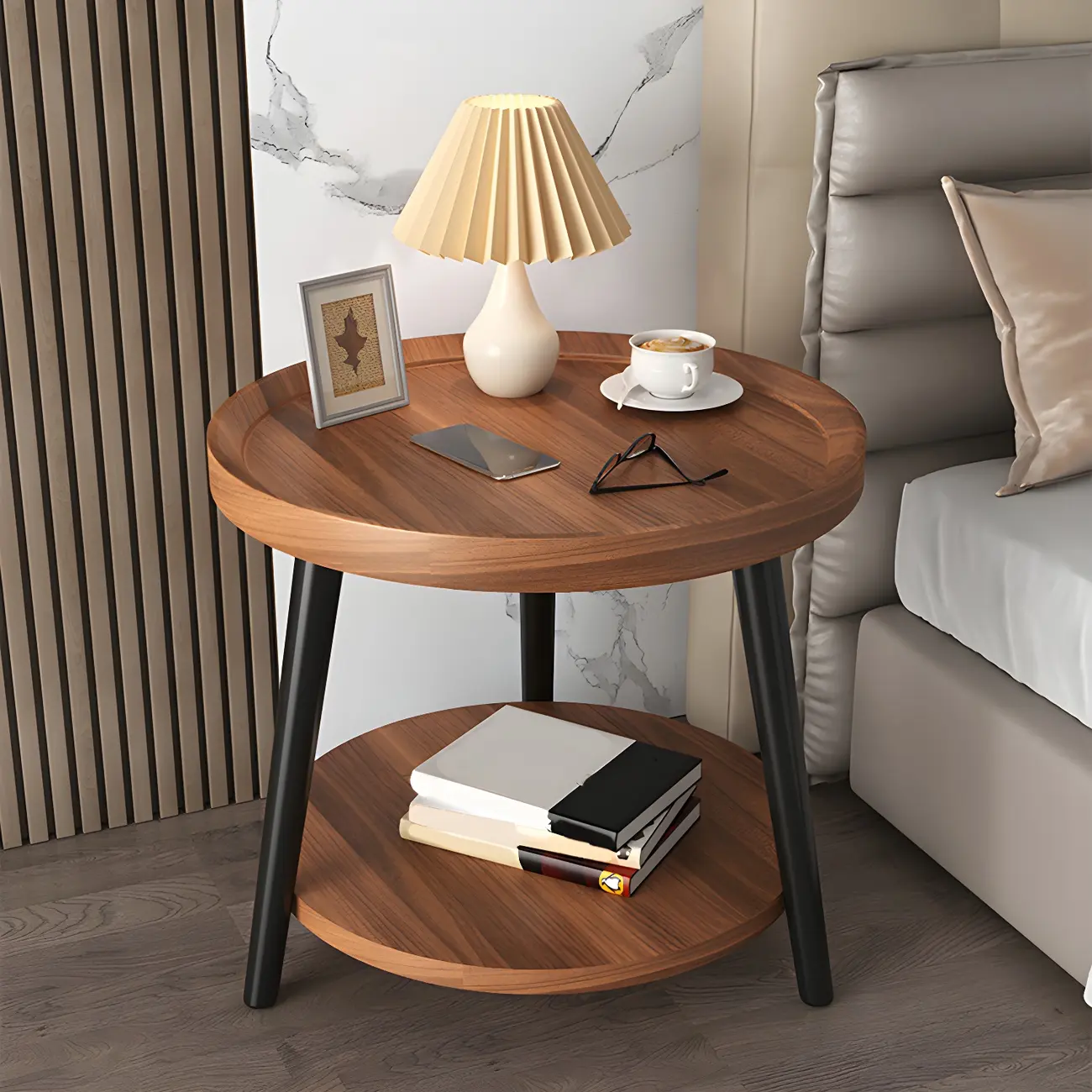 Modern Round Walnut Finish Open Type Nightstand Image - 1 | homeyfad