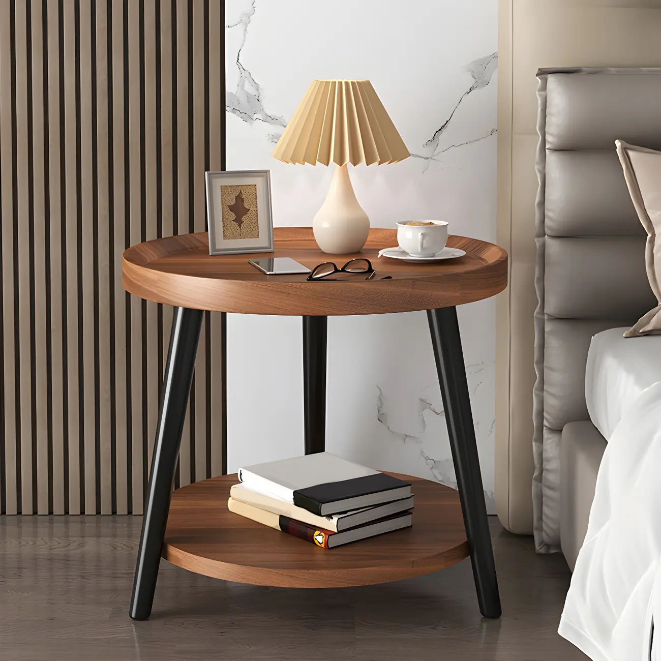 Modern Round Walnut Finish Open Type Nightstand Image - 5 | homeyfad
