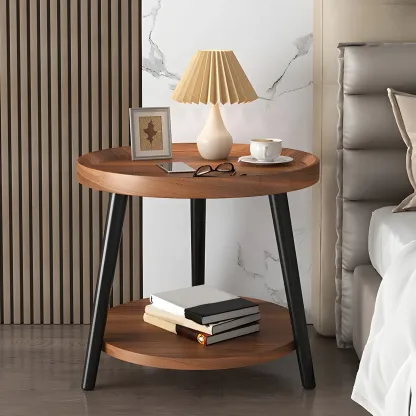 Modern Round Walnut Finish Open Type Nightstand Image - 5