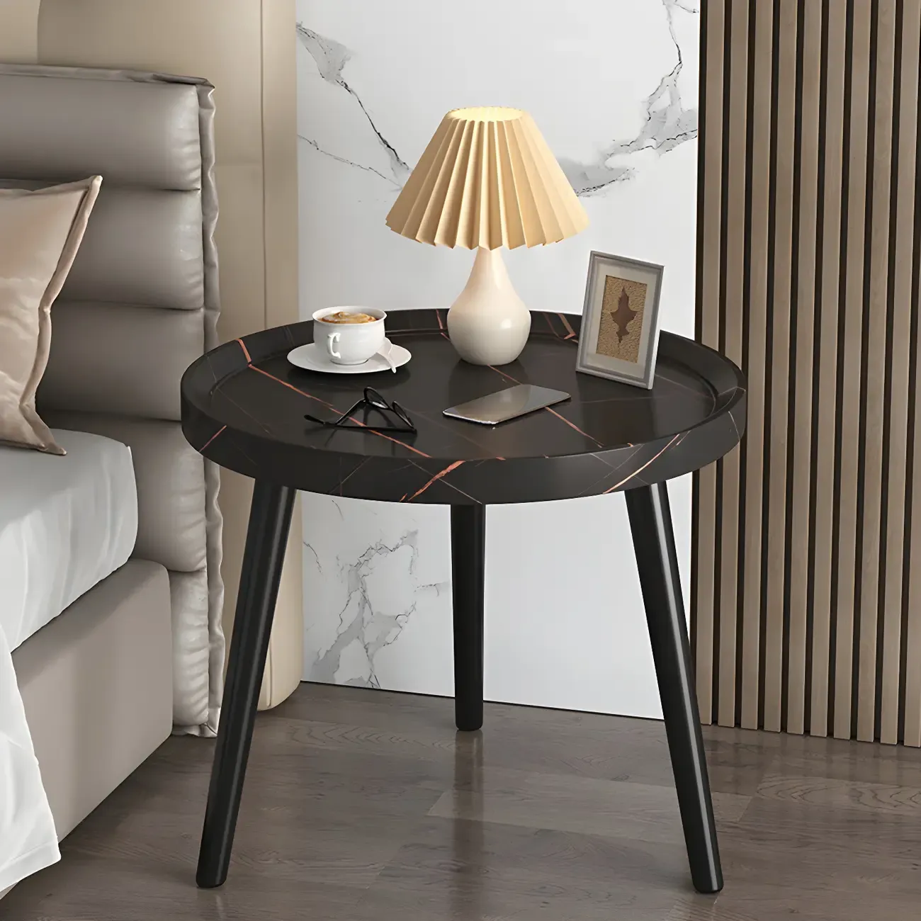 Modern Round Walnut Finish Open Type Nightstand Image - 7