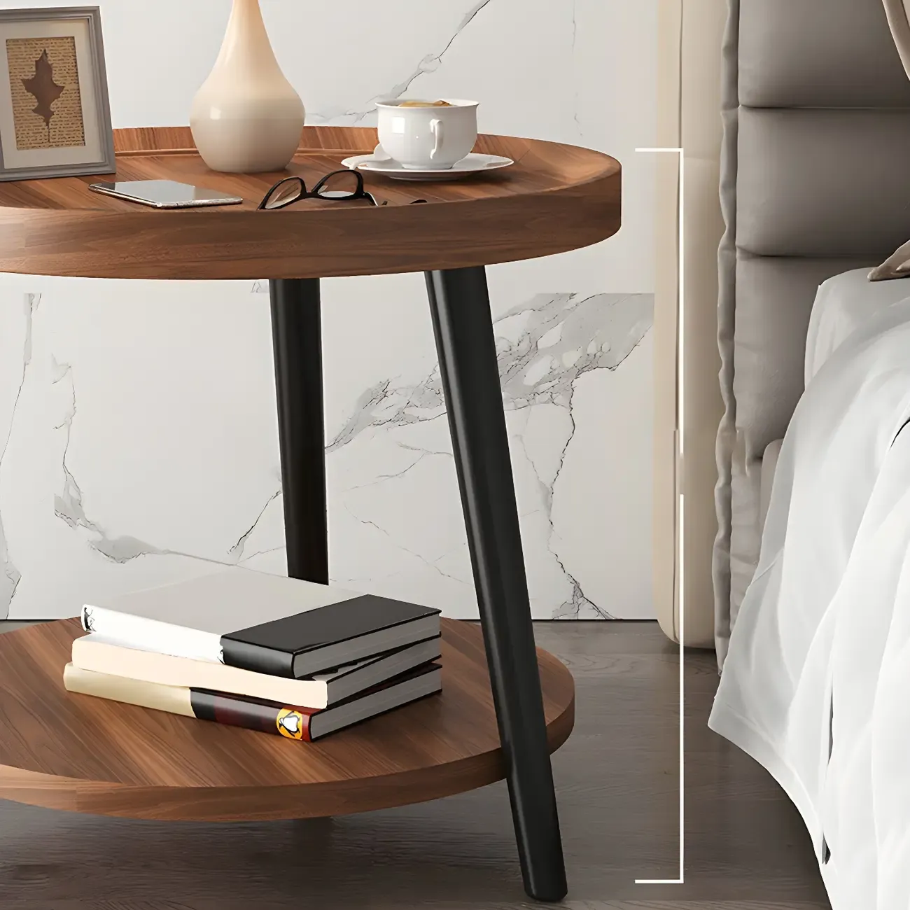 Modern Round Walnut Finish Open Type Nightstand Image - 24