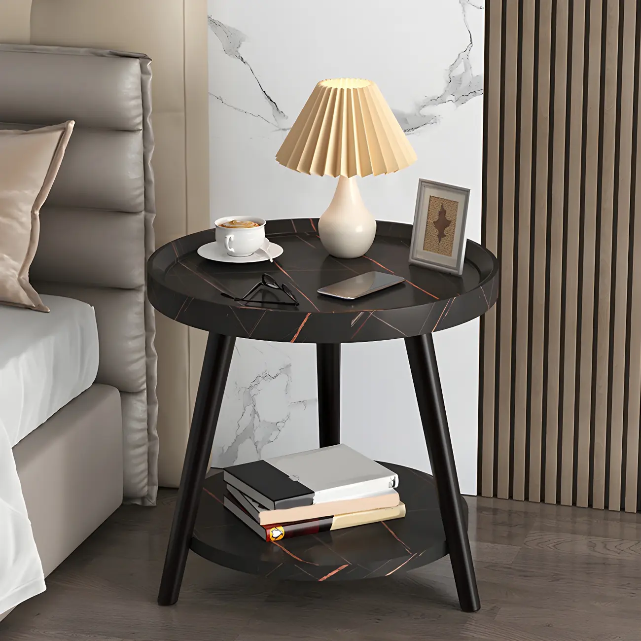 Modern Round Walnut Finish Open Type Nightstand Image - 9 | homeyfad