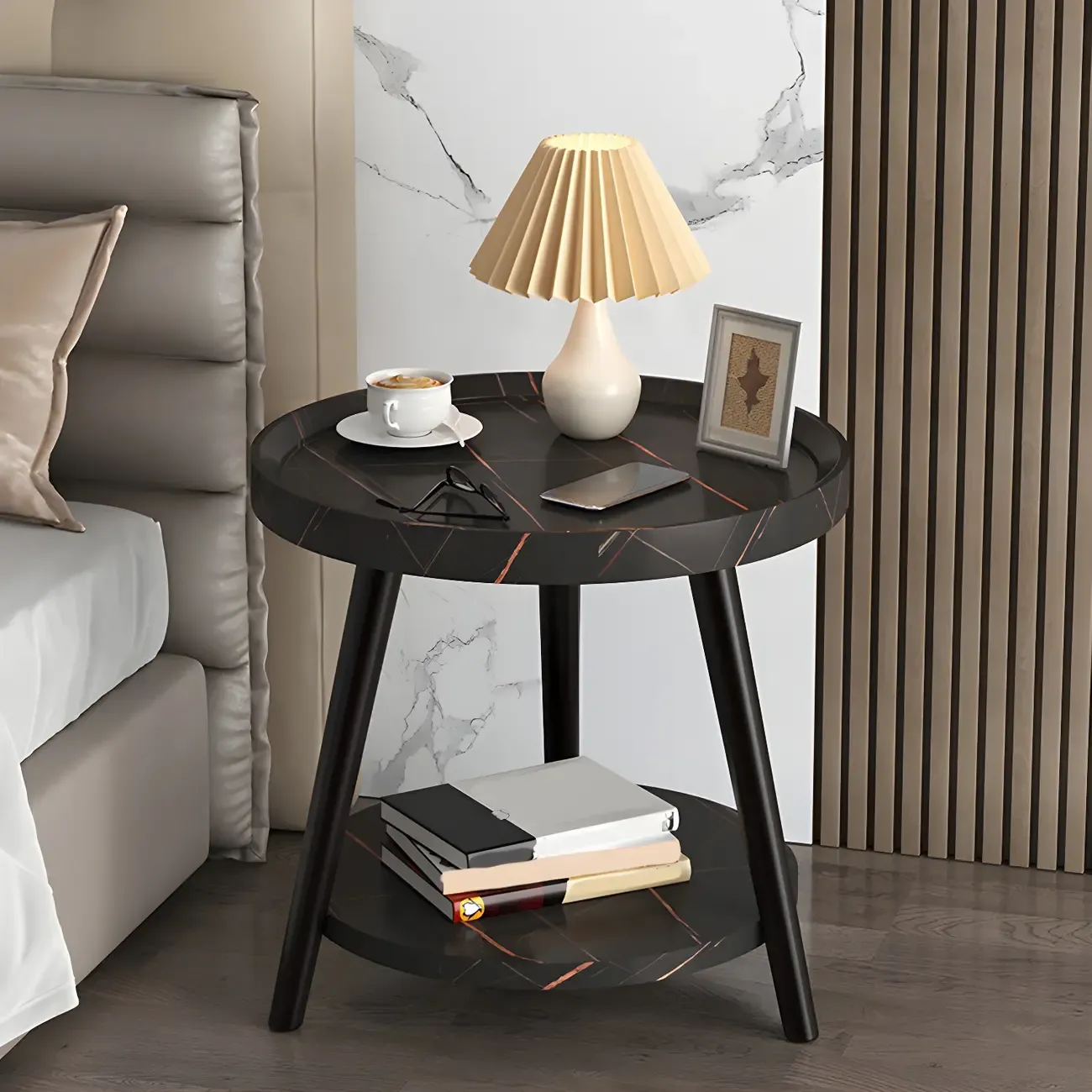 Modern Round Walnut Finish Open Type Nightstand Image - 9