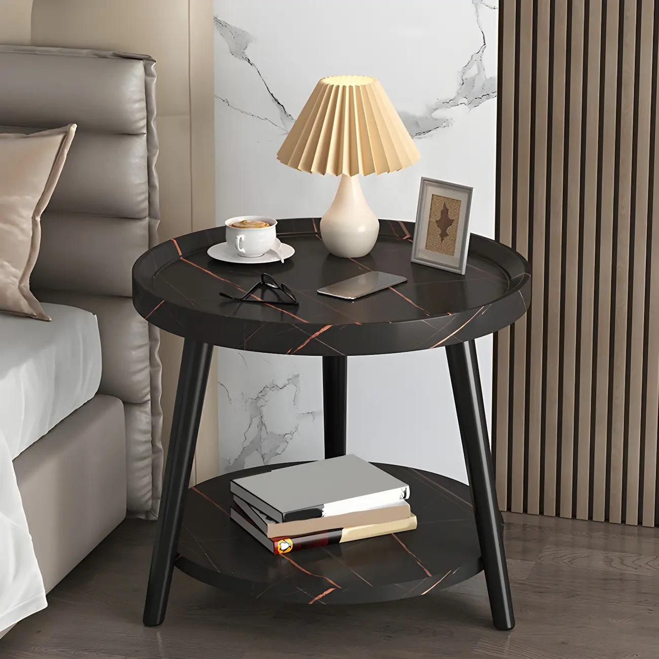 Modern Round Walnut Finish Open Type Nightstand Image - 3 | homeyfad