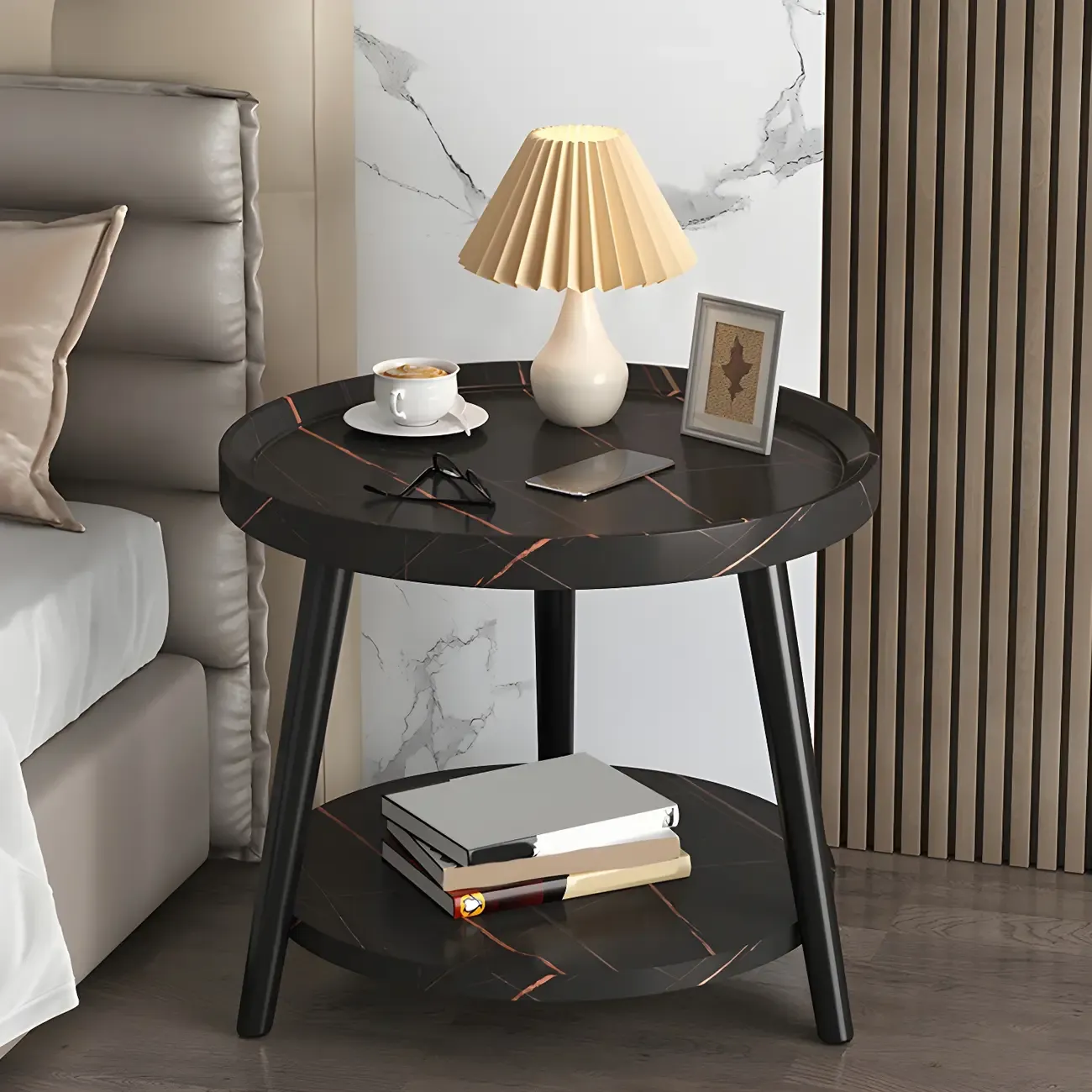 Modern Round Walnut Finish Open Type Nightstand Image - 3