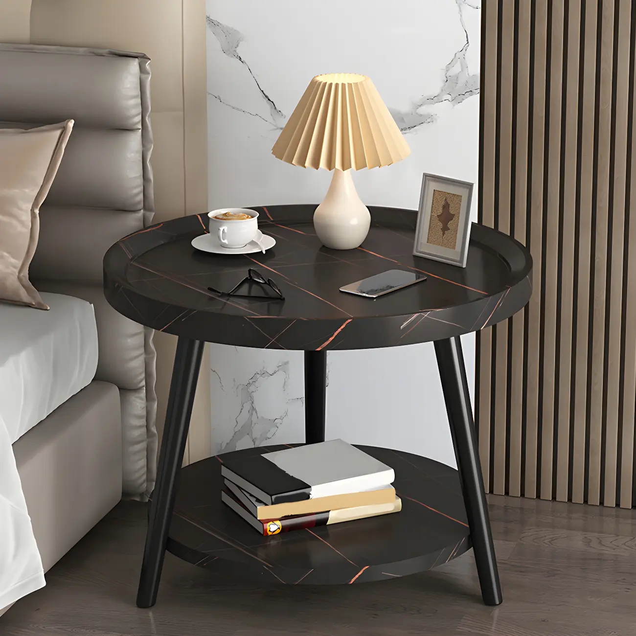 Modern Round Walnut Finish Open Type Nightstand Image - 10 | homeyfad