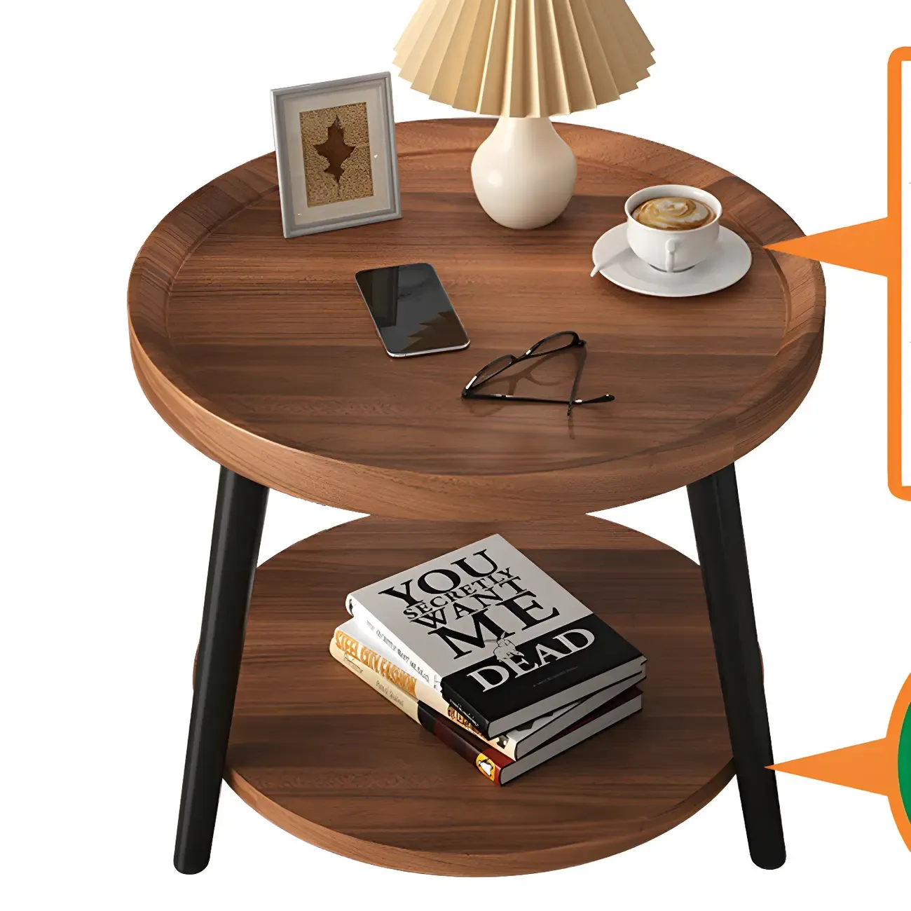 Modern Round Walnut Finish Open Type Nightstand Image - 26