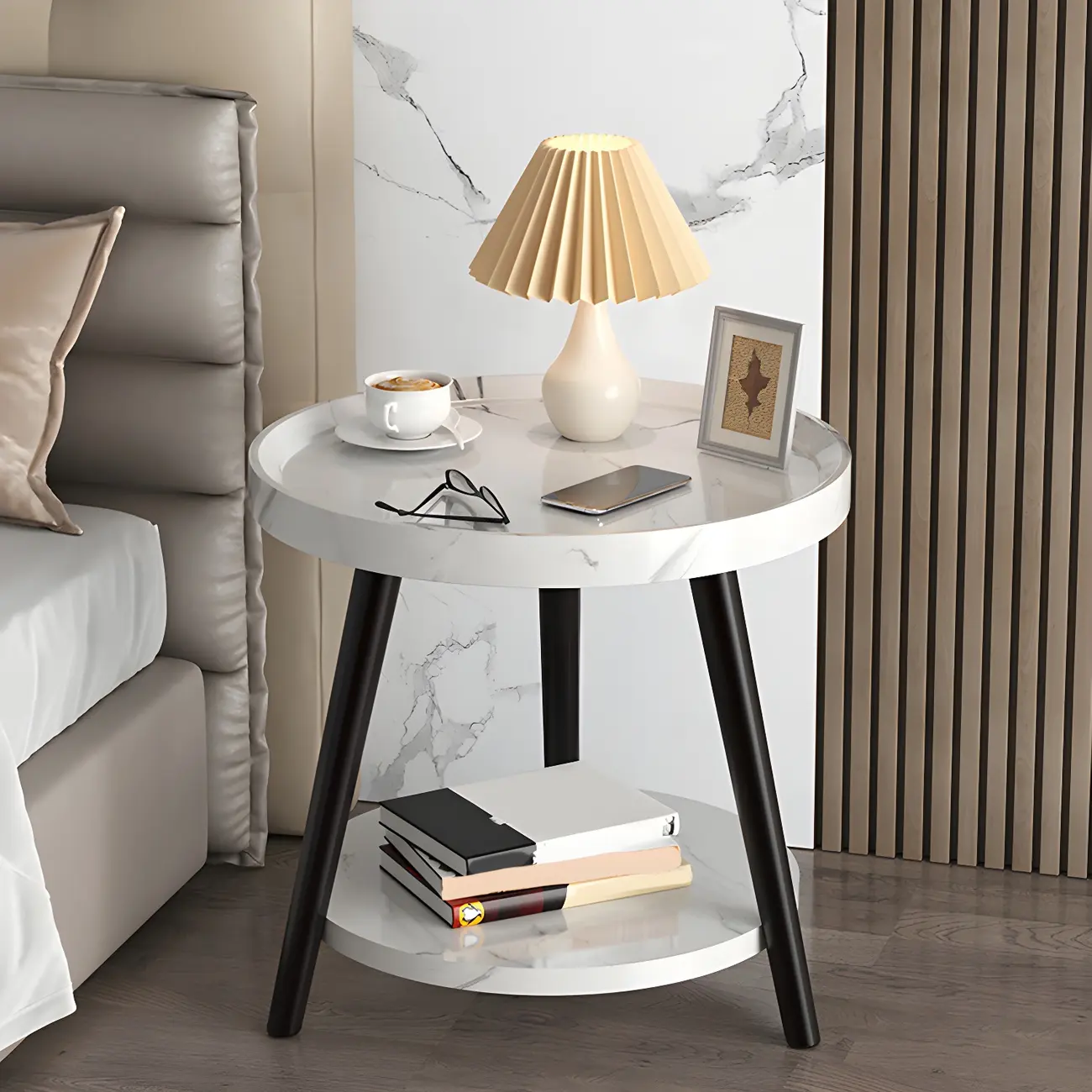 Modern Round Walnut Finish Open Type Nightstand Image - 2 | homeyfad