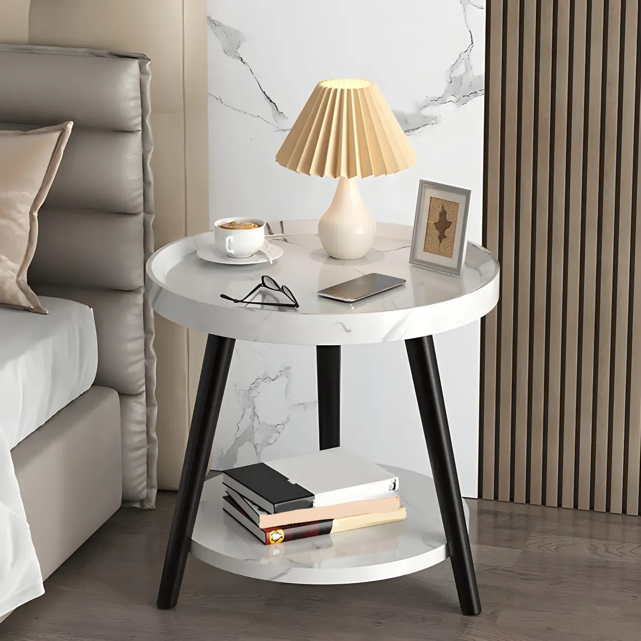 Modern Round Walnut Finish Open Type Nightstand Image - 2