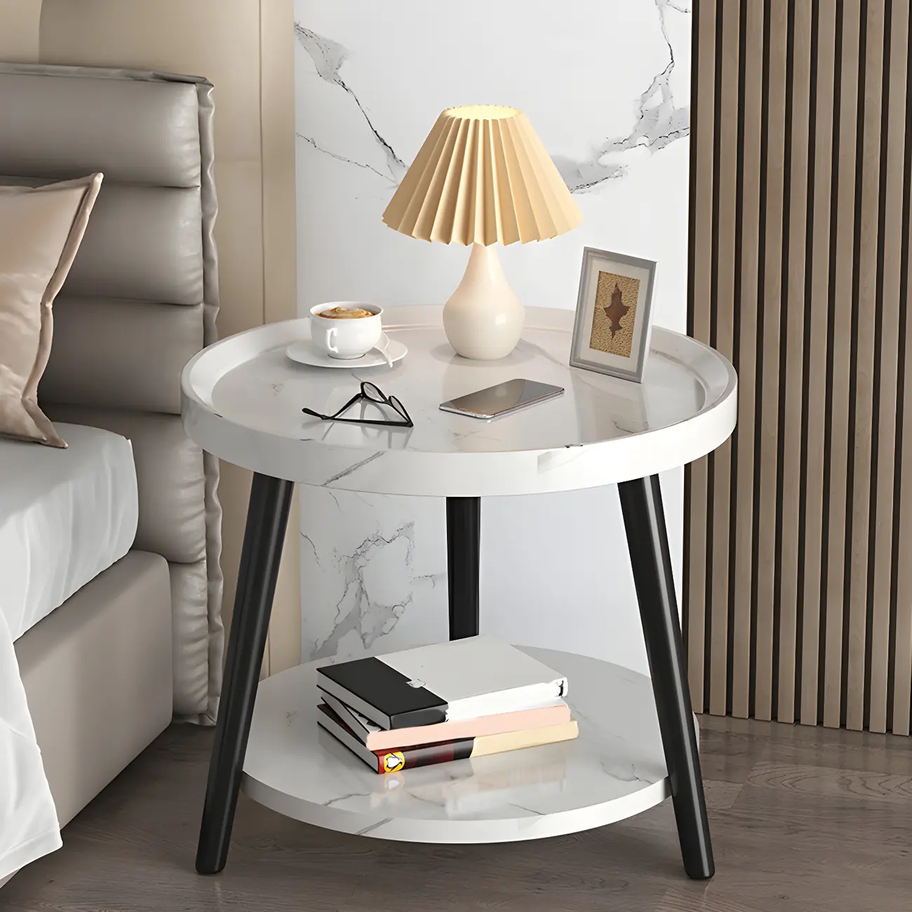 Modern Round Walnut Finish Open Type Nightstand Image - 14 | homeyfad