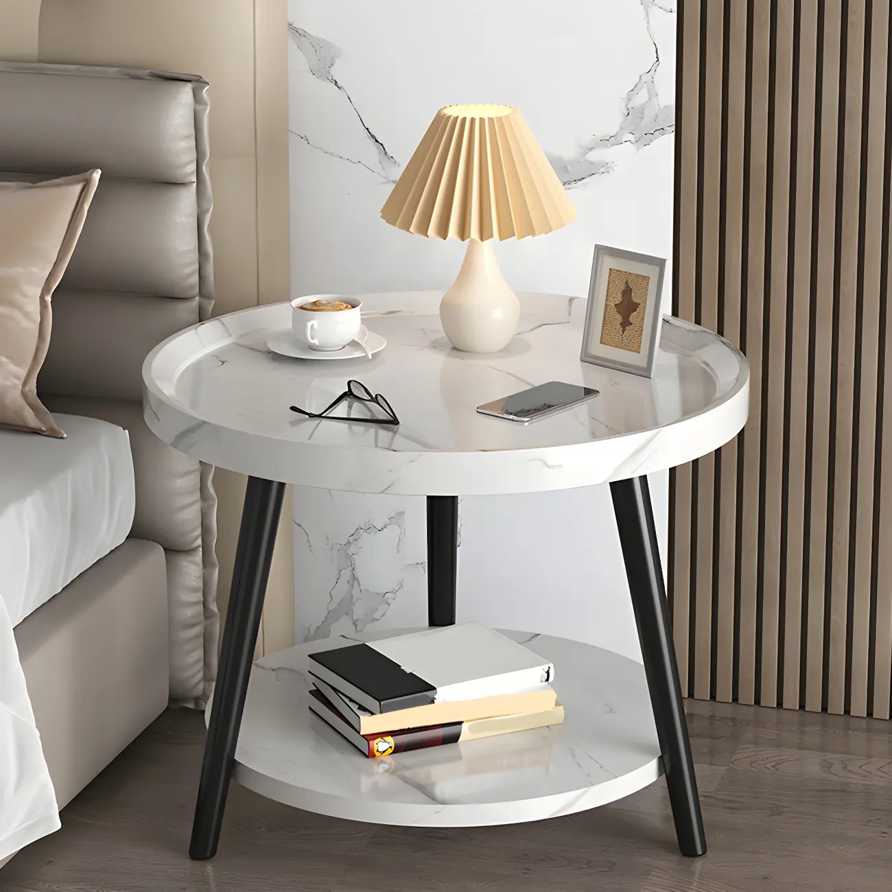 Modern Round Walnut Finish Open Type Nightstand Image - 15 | homeyfad