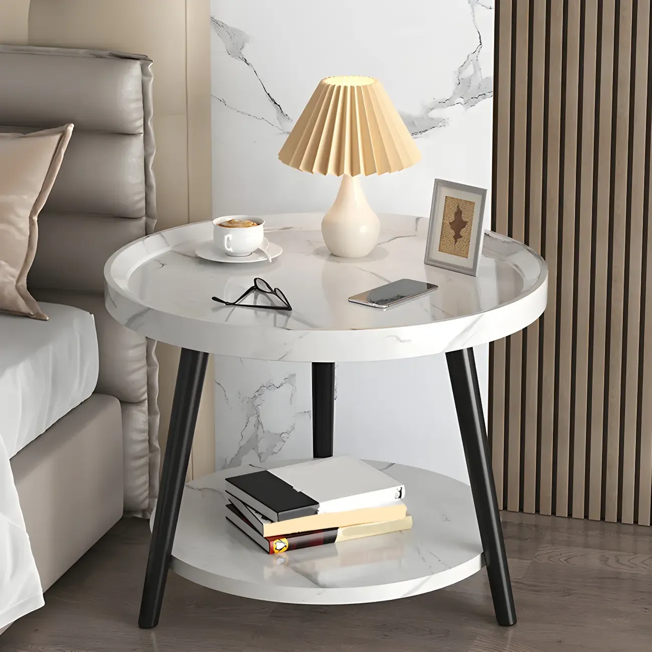 Modern Round Walnut Finish Open Type Nightstand Image - 15