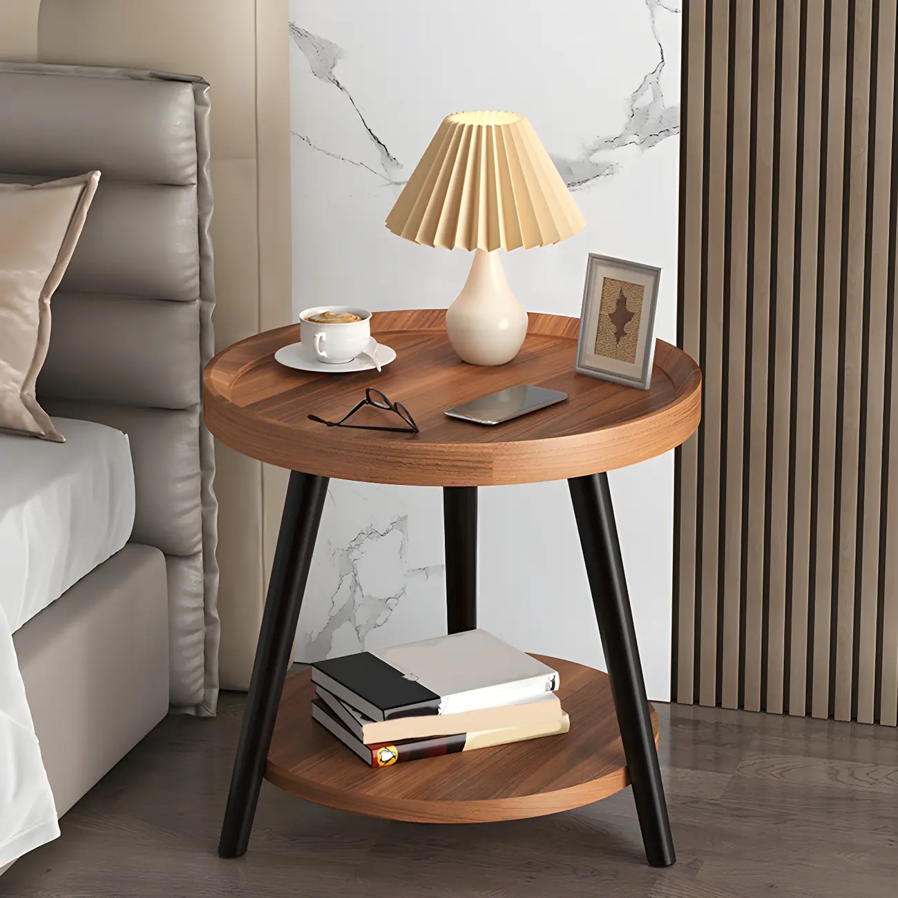 Modern Round Walnut Finish Open Type Nightstand Image - 16 | homeyfad