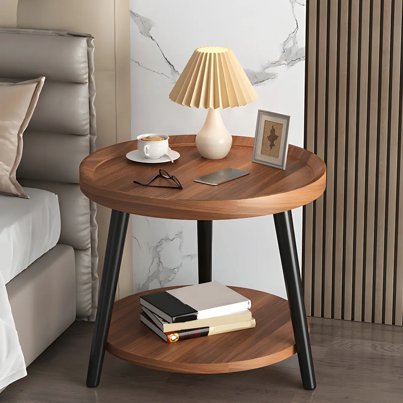 Modern Round Walnut Finish Open Type Nightstand Image - 17 | homeyfad