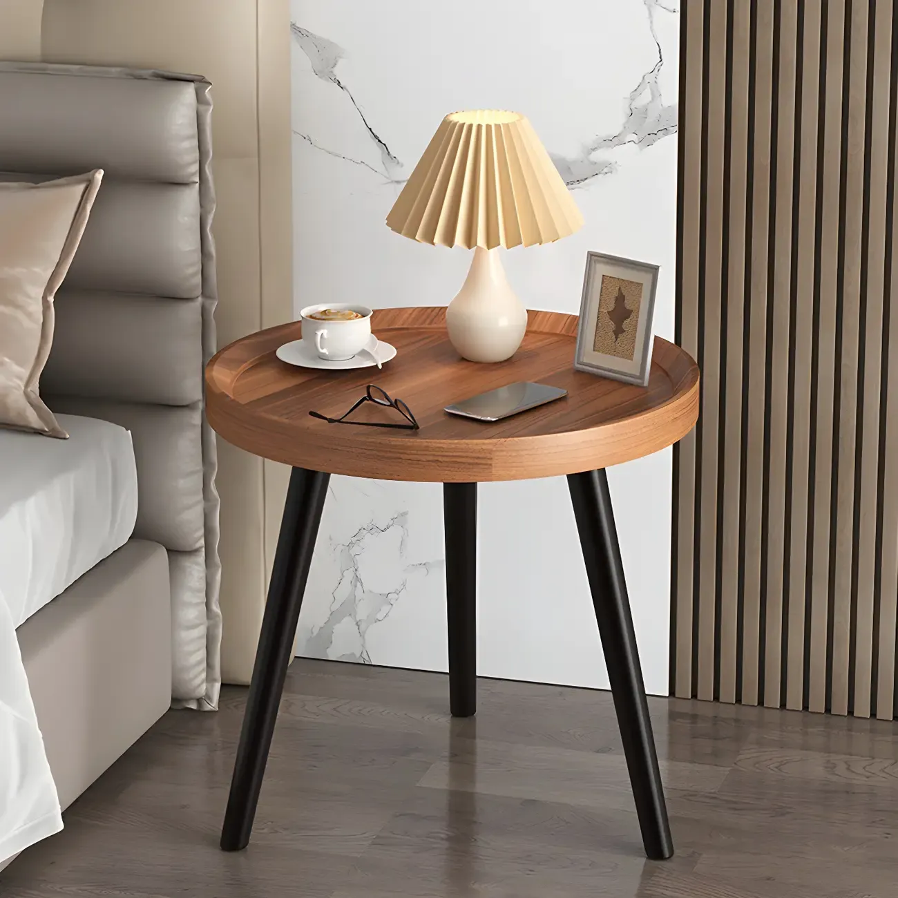 Modern Round Walnut Finish Open Type Nightstand Image - 19