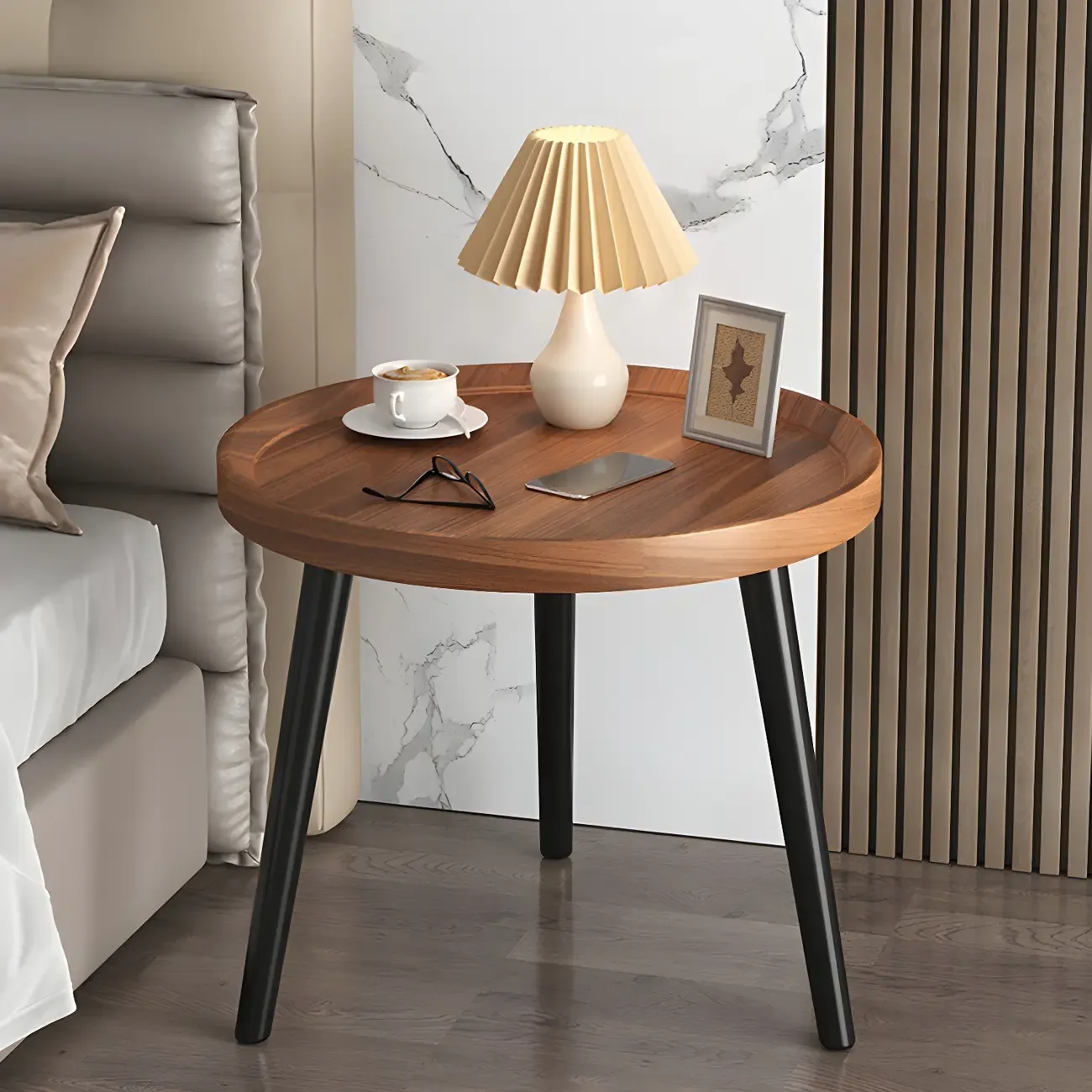 Modern Round Walnut Finish Open Type Nightstand Image - 20