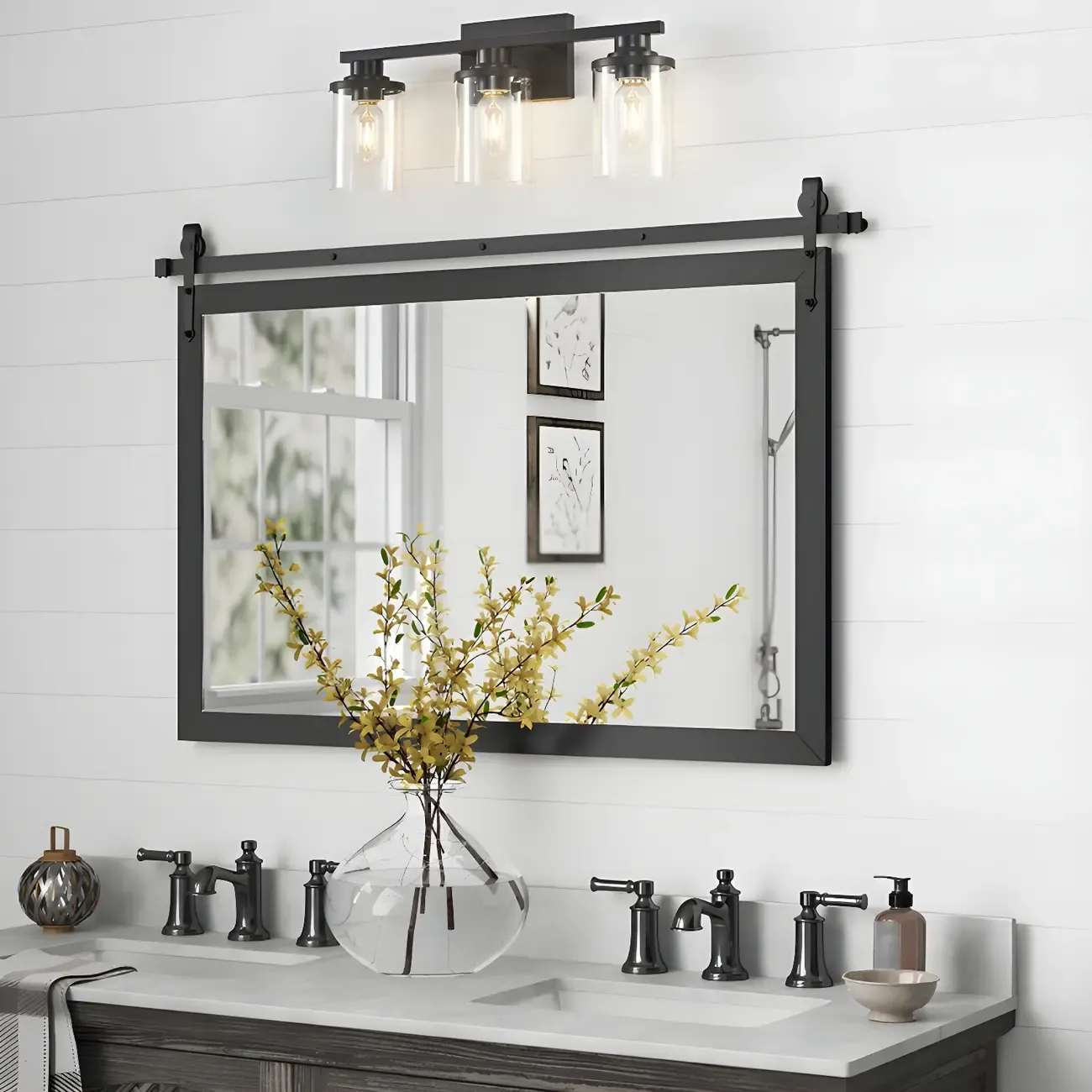 Traditional Black Metal Glass Vanity Light for Bathroom Image - 17
