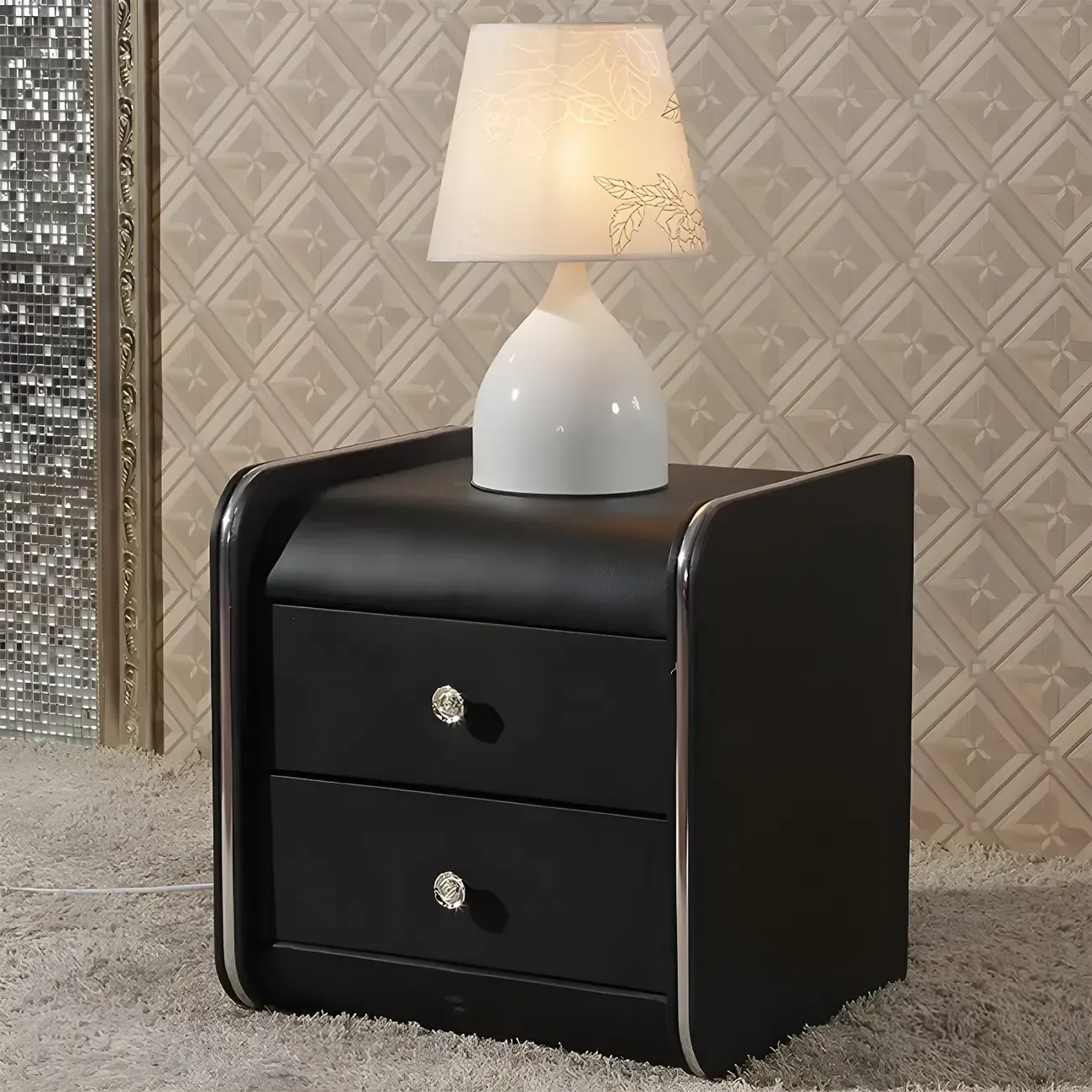Luxurious Glossy Leather Wooden 2 Drawer Black Nightstand Image - 1
