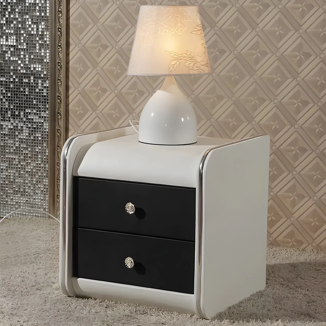 Luxurious Glossy Leather Wooden 2 Drawer Black Nightstand Image - 3 | homeyfad