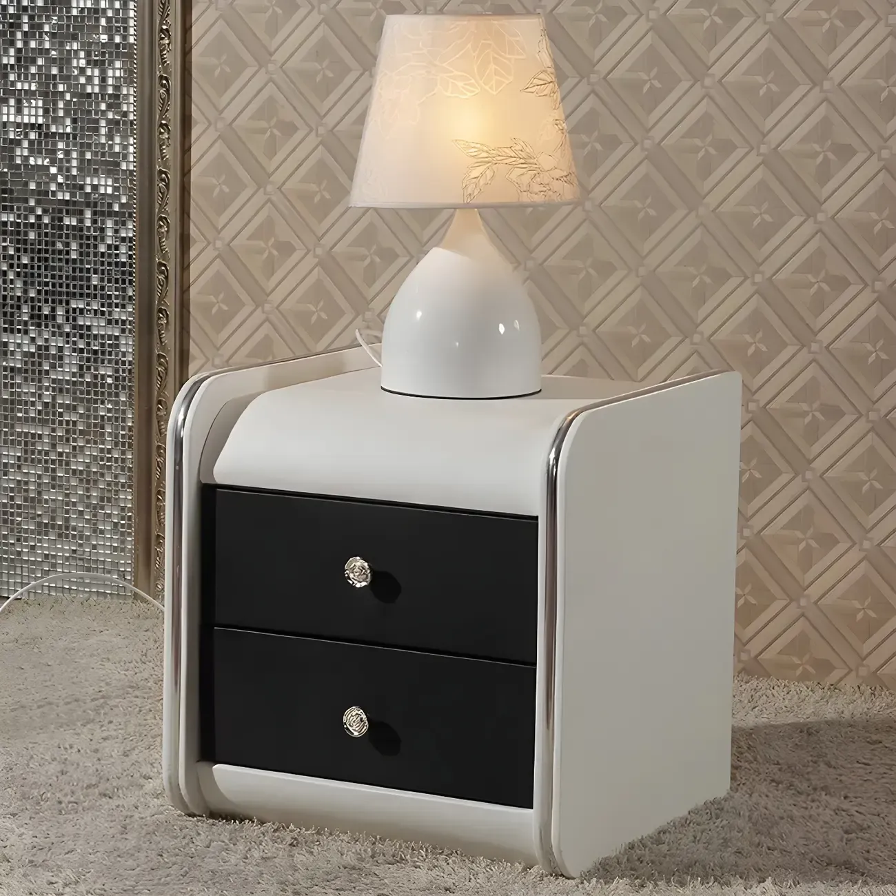 Luxurious Glossy Leather Wooden 2 Drawer Black Nightstand Image - 3
