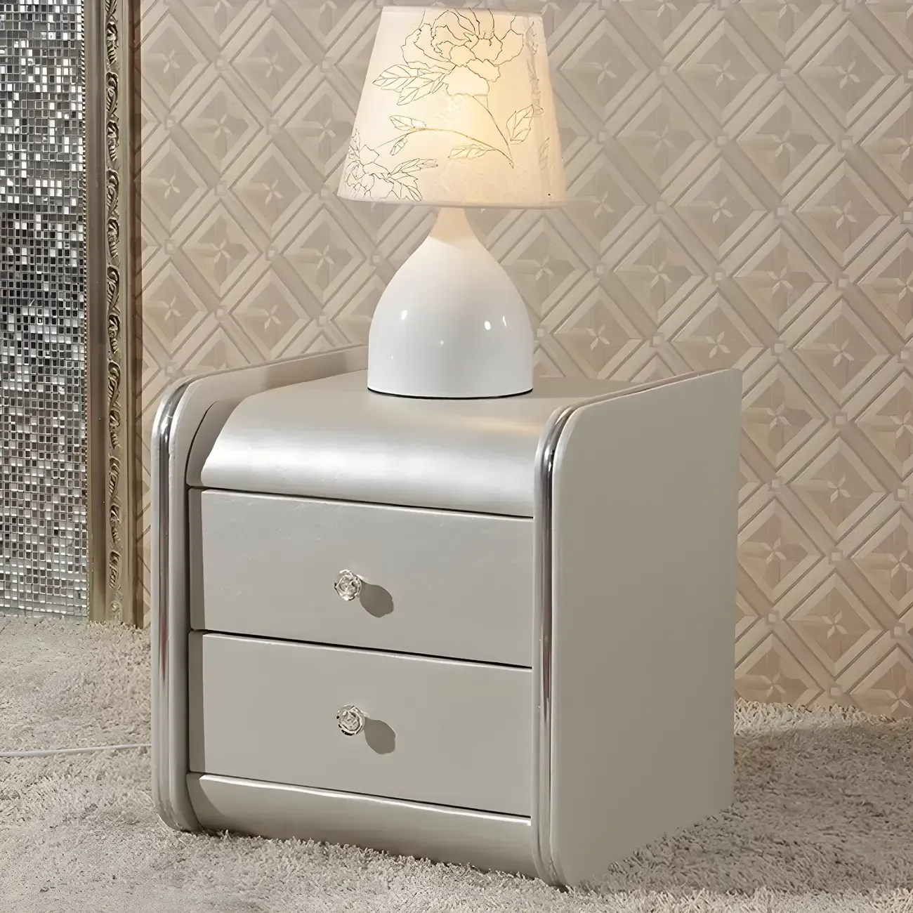 Luxurious Glossy Leather Wooden 2 Drawer Black Nightstand Image - 4